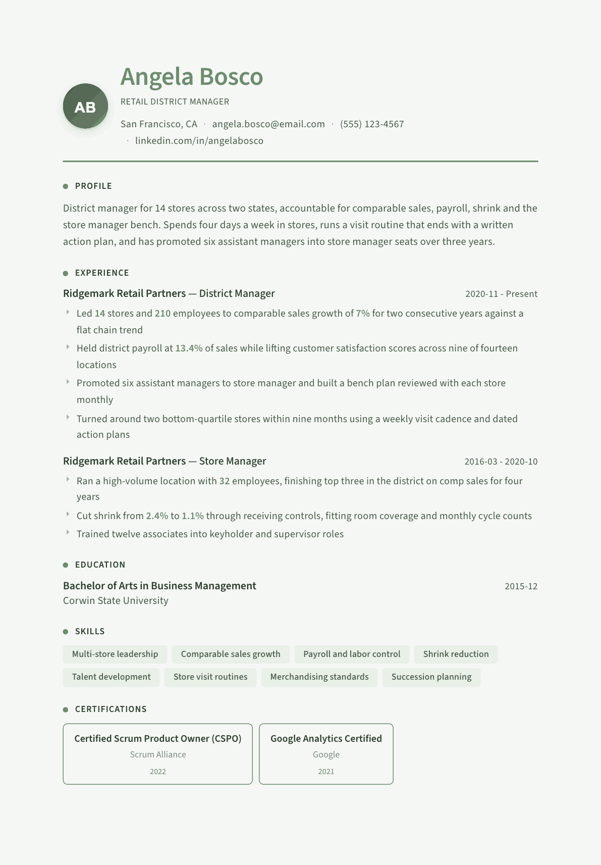 Retail District Manager resume example, Sage Garden template