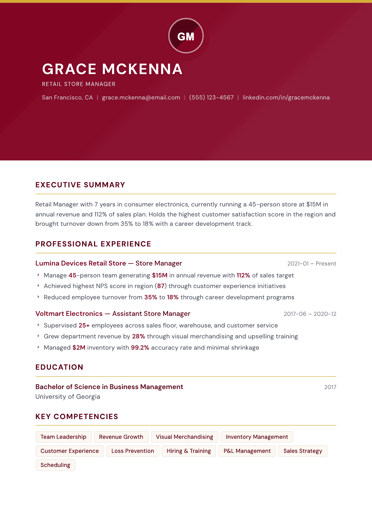 Retail Manager resume example, Viceroy template