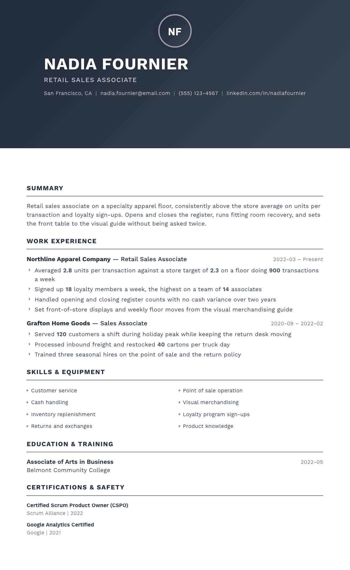 Retail Sales Associate resume example, Foundation template