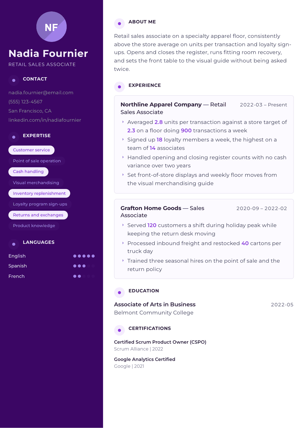 Retail Sales Associate resume example, Palette template