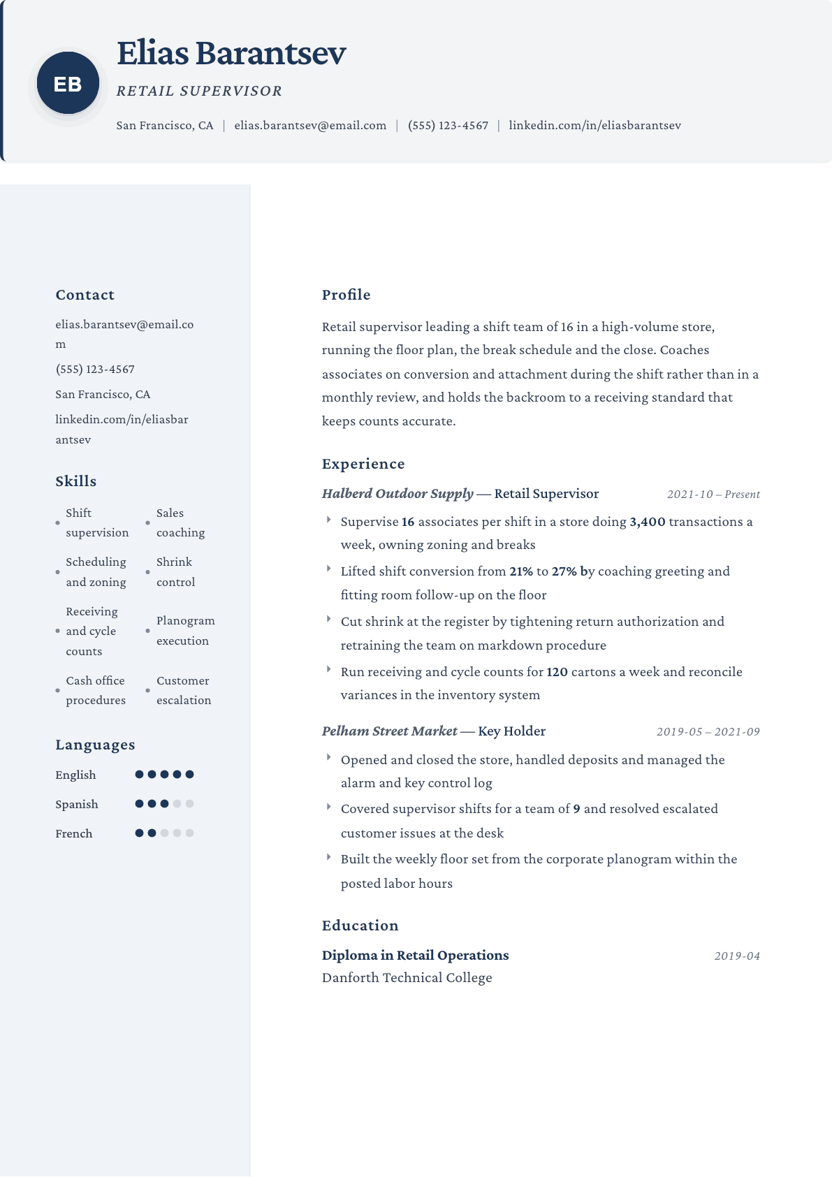Retail Supervisor resume example, Formal template