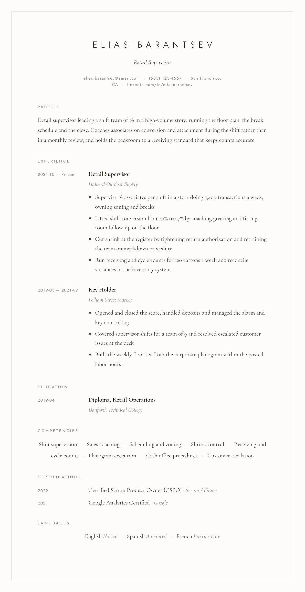 Retail Supervisor resume example, Vellum template