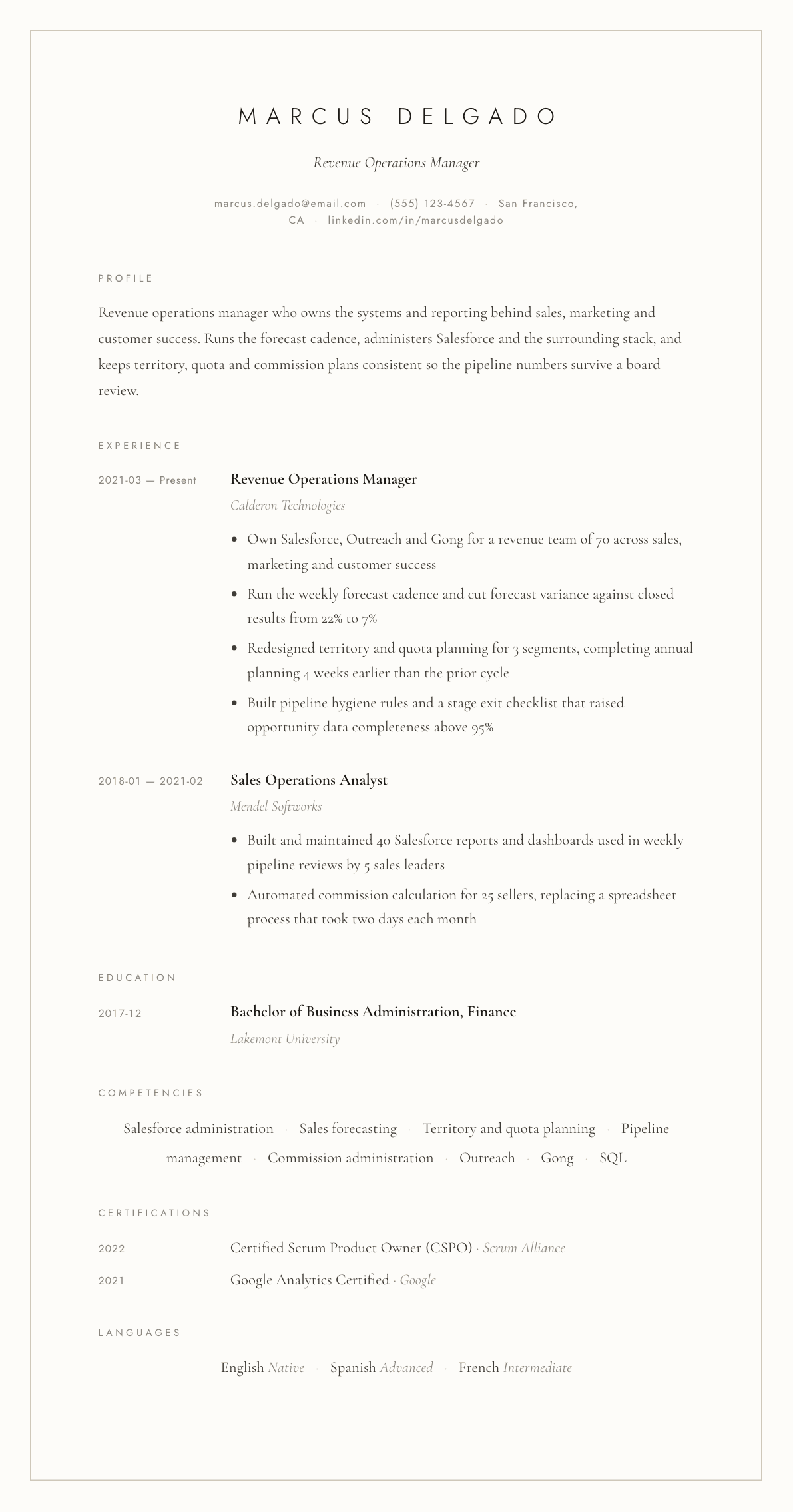 Revenue Operations Manager resume example, Vellum template