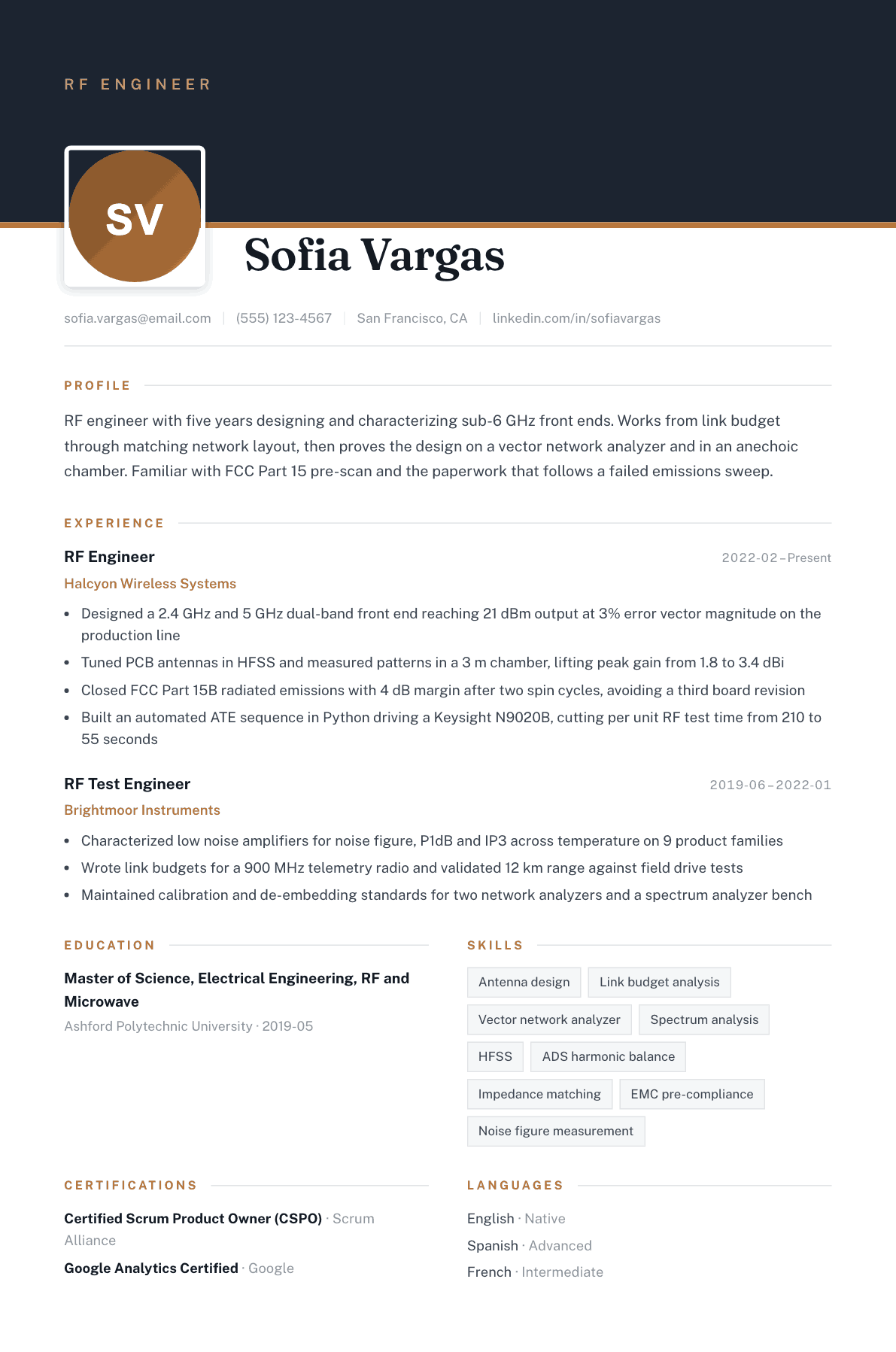 RF Engineer resume example, Atrium template