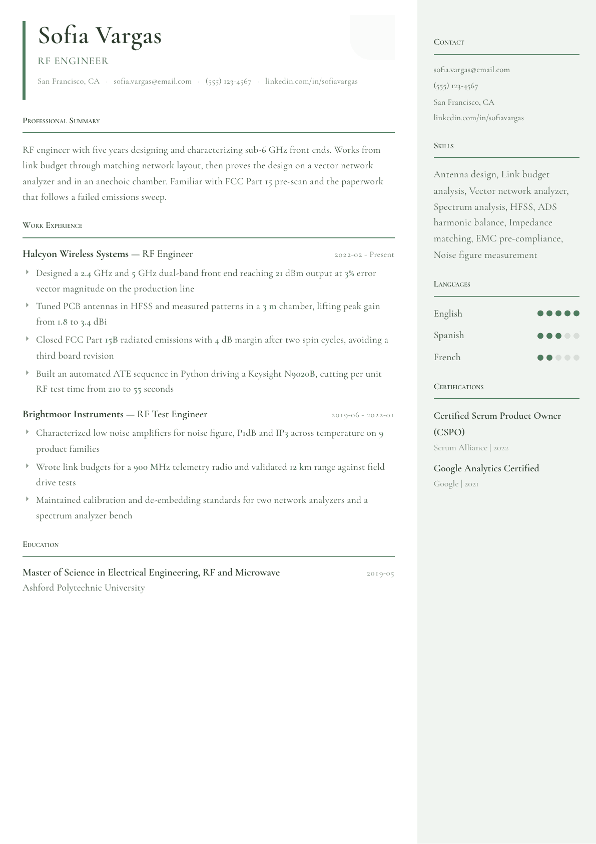 RF Engineer resume example, Copenhagen template