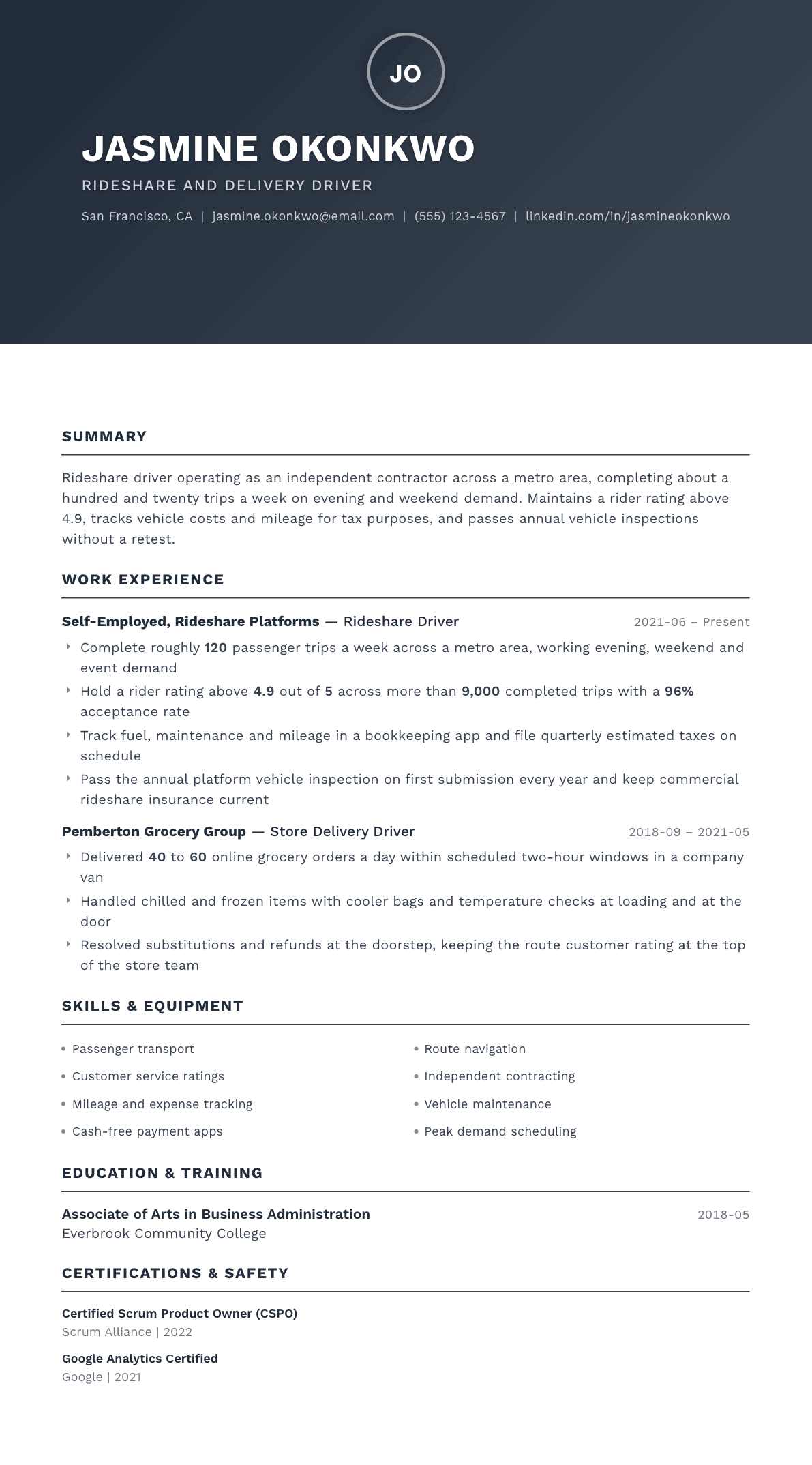 Rideshare Driver resume example, Foundation template