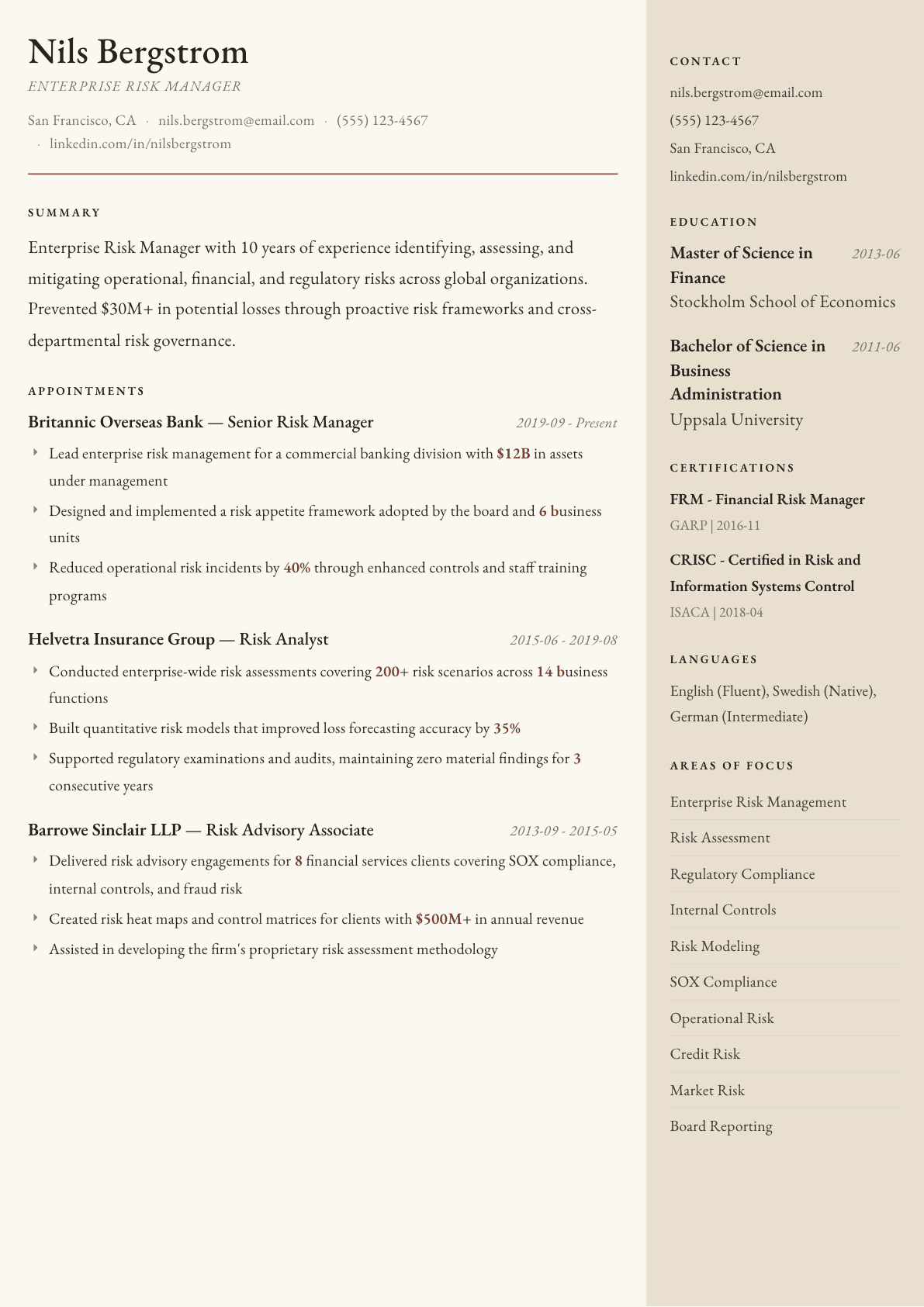 Risk Manager resume example, Manuscript template