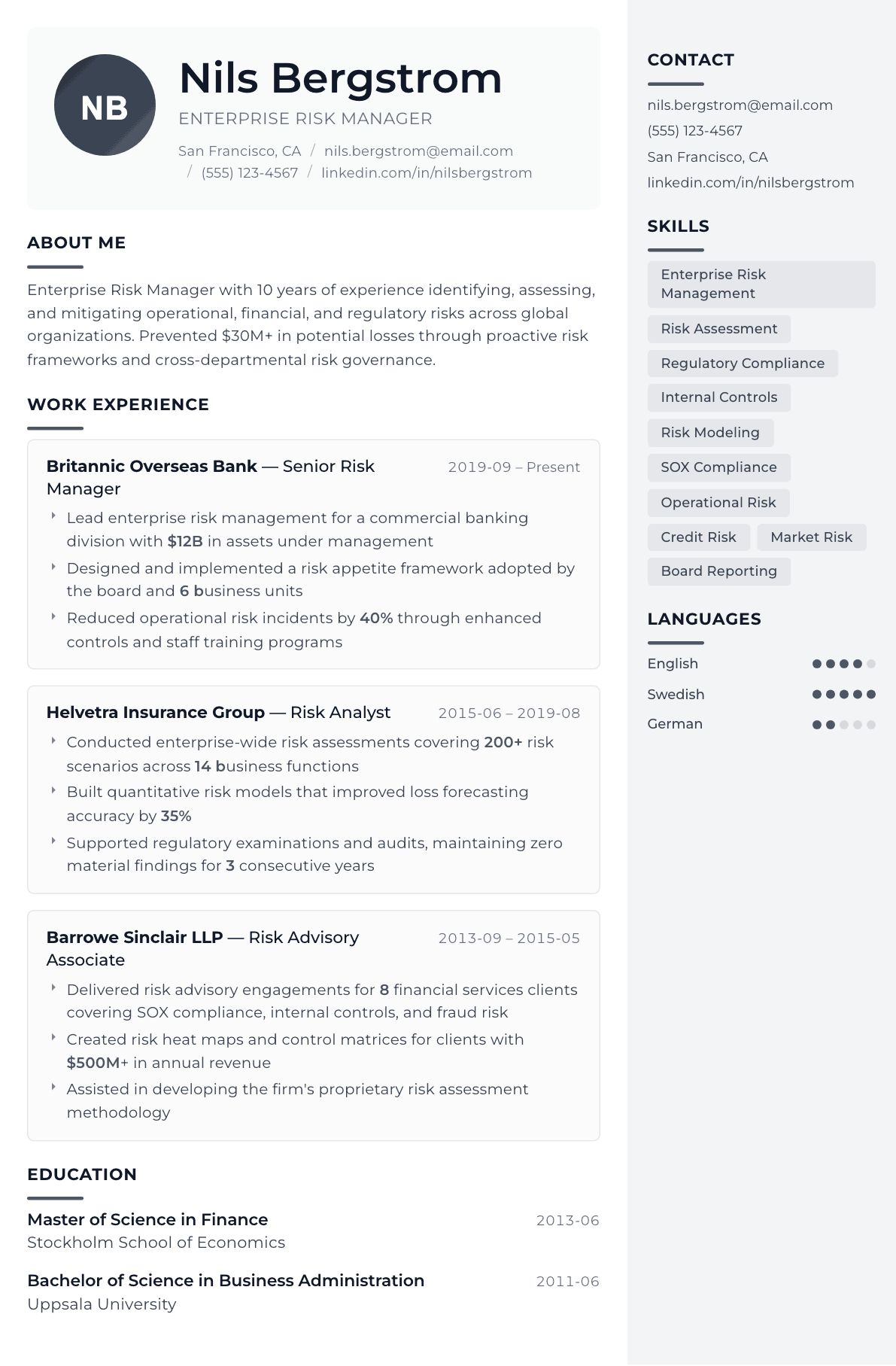Risk Manager resume example, Metropolitan template