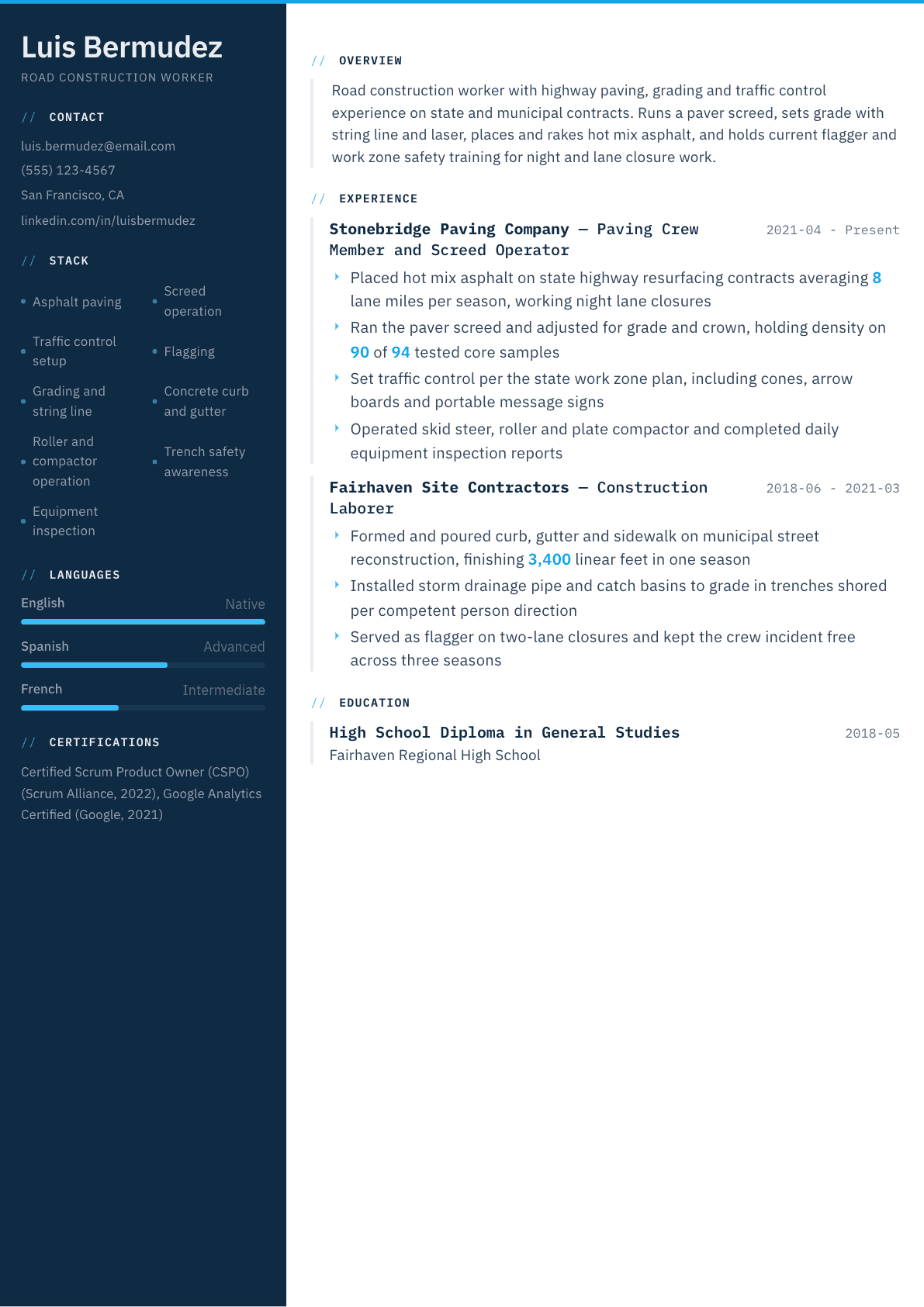 Road Construction Worker resume example, Datum template