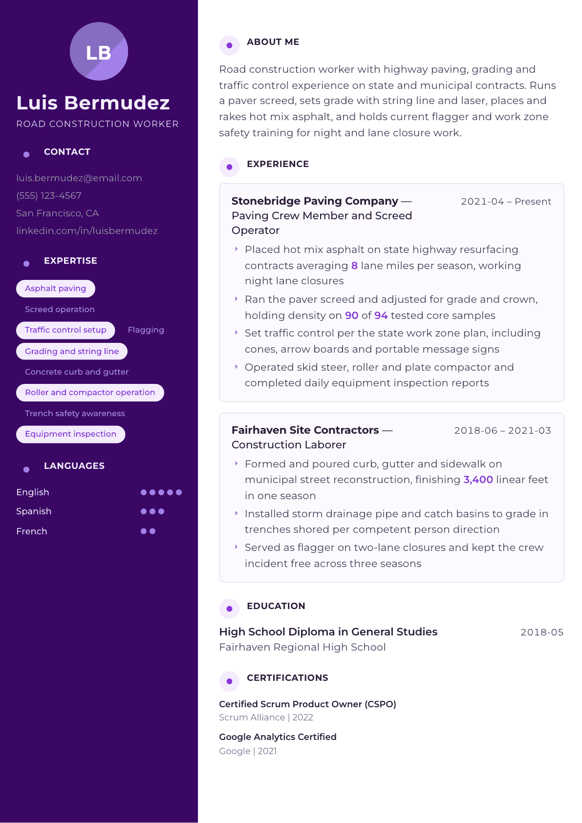Road Construction Worker resume example, Palette template