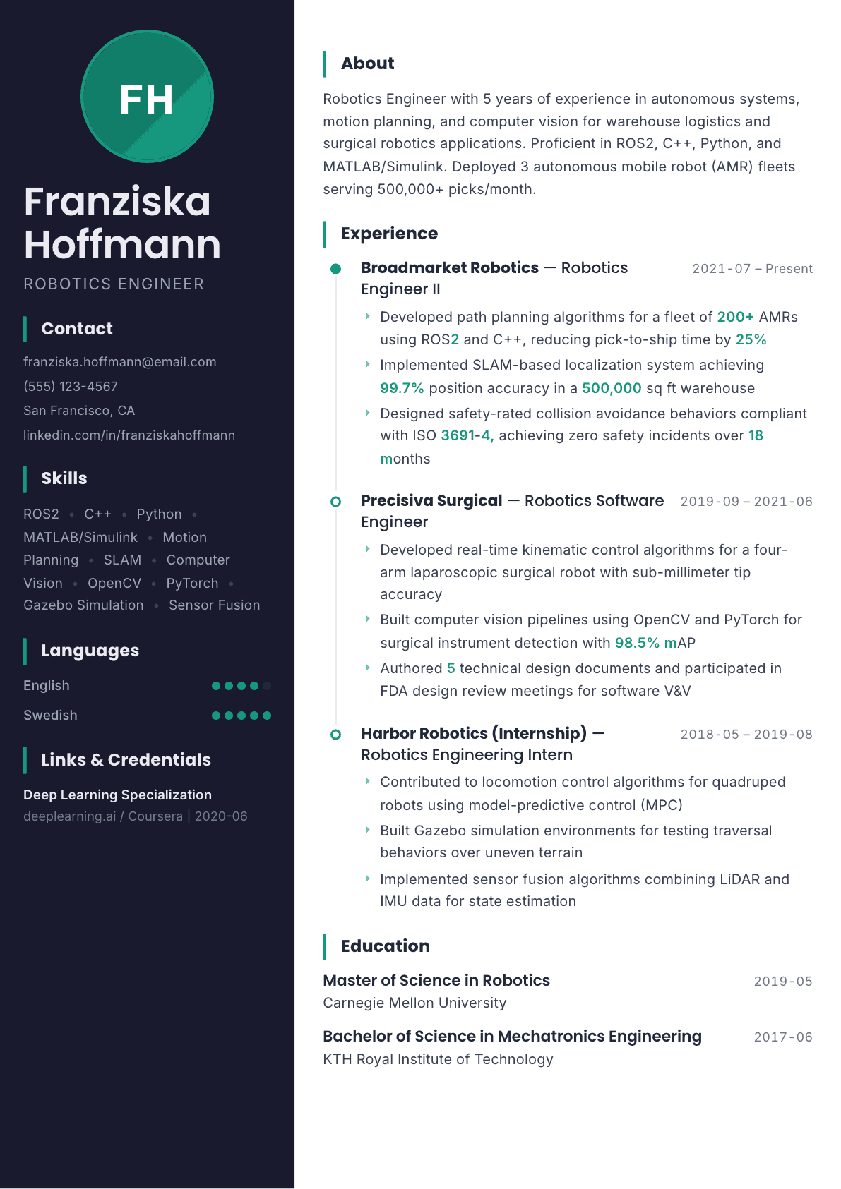 Robotics Engineer resume example, Bapak template