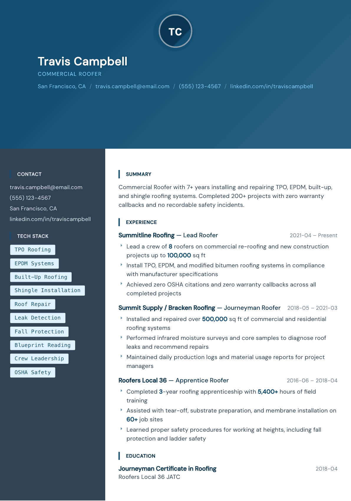 Roofer resume example, Prism template