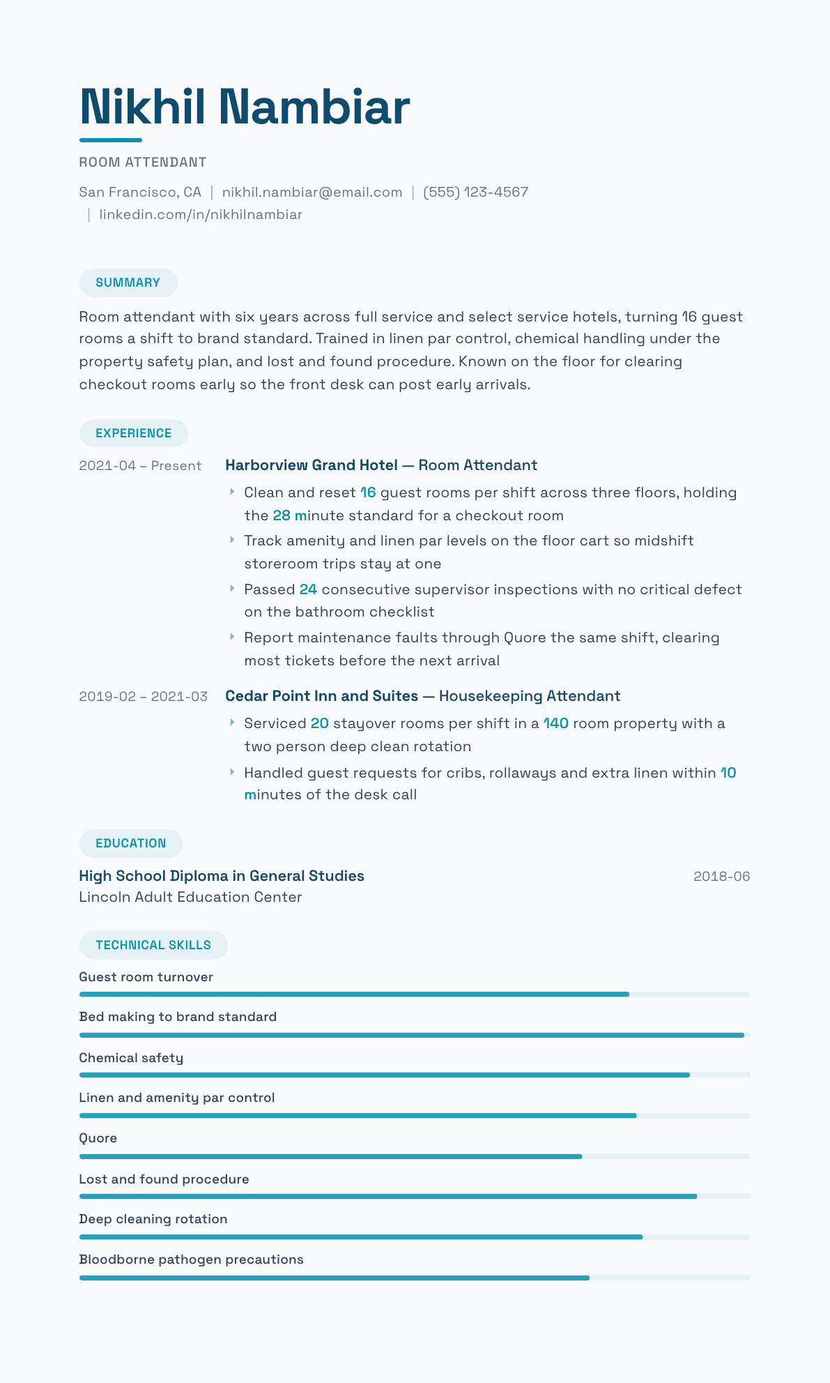 Room Attendant resume example, Horizon template