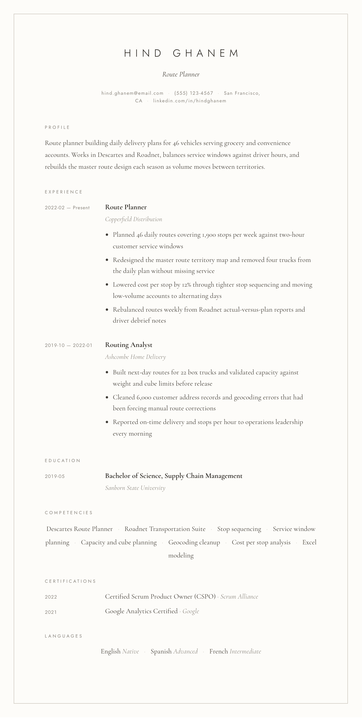 Route Planner resume example, Vellum template
