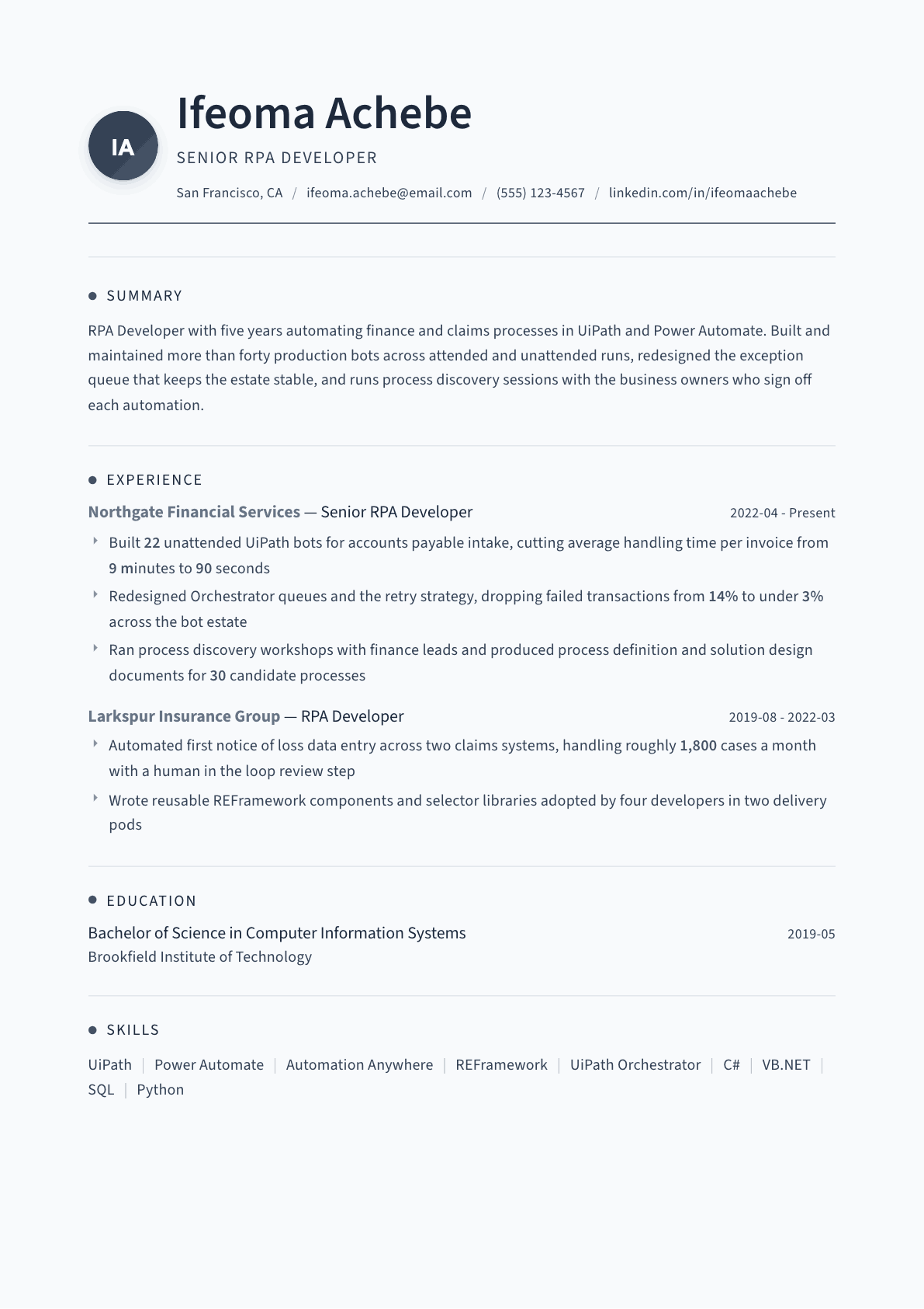 RPA Developer resume example, Thread template
