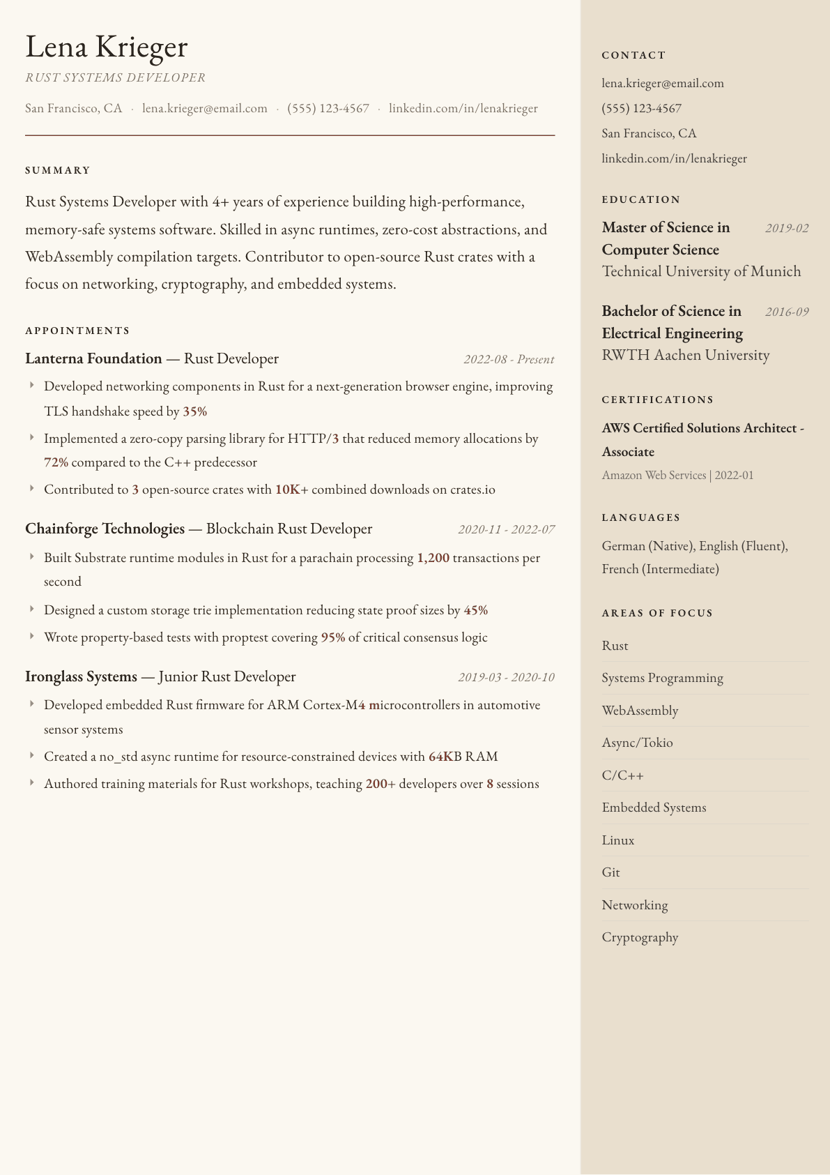 Rust Developer resume example, Manuscript template