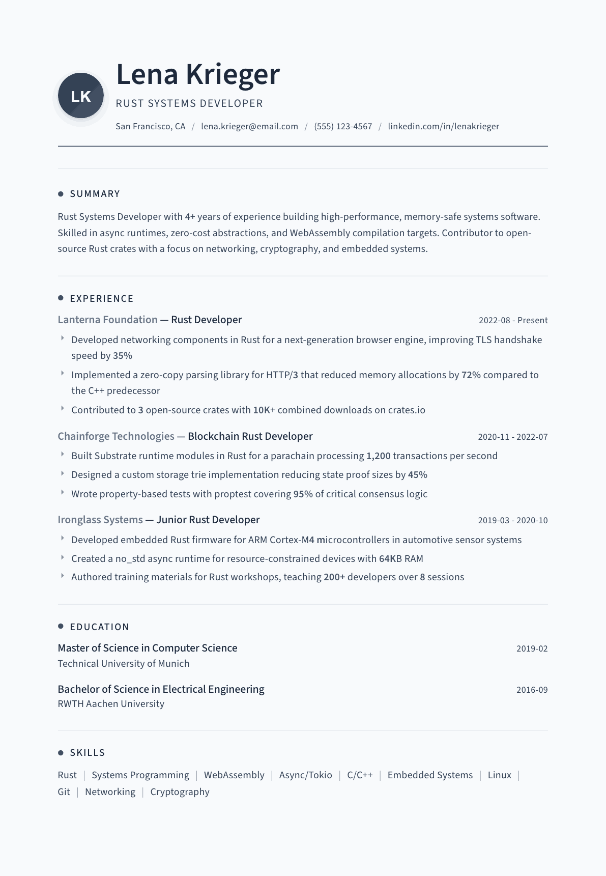 Rust Developer resume example, Thread template
