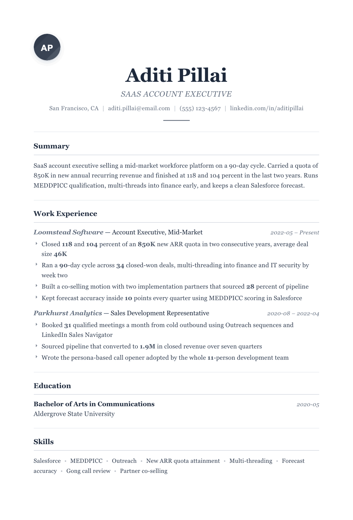 SaaS Account Executive resume example, Classic template