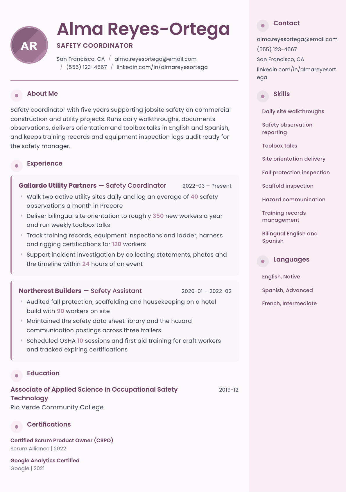 Safety Coordinator resume example, Bloom template