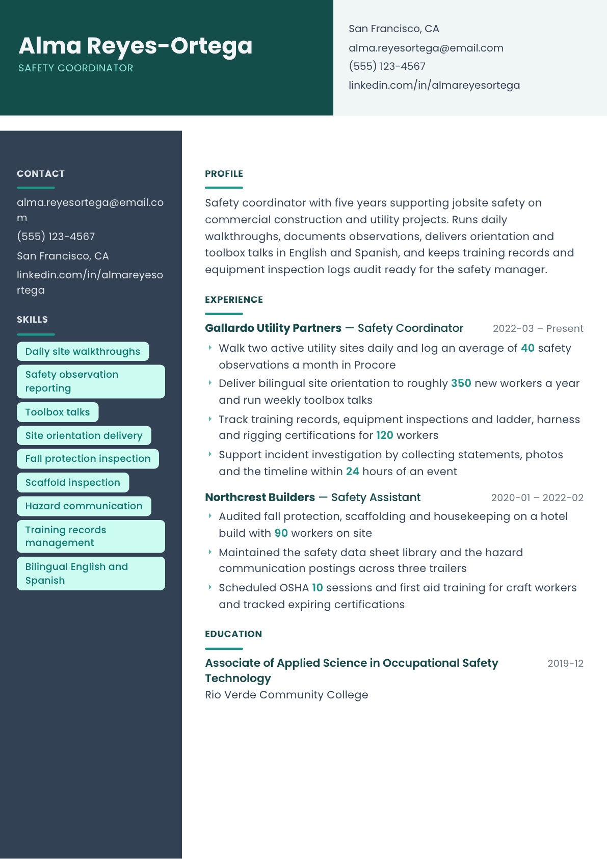 Safety Coordinator resume example, Spectrum template