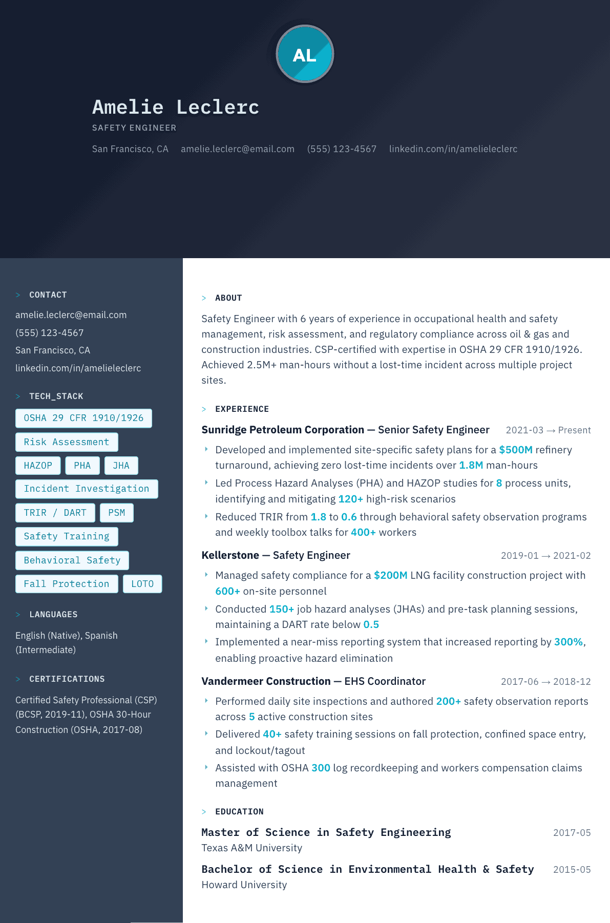 Safety Engineer resume example, Code Terminal template
