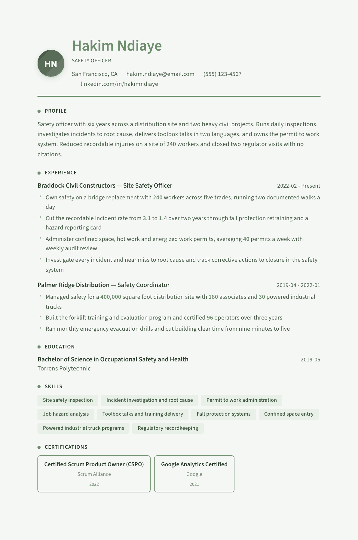Safety Officer resume example, Sage Garden template