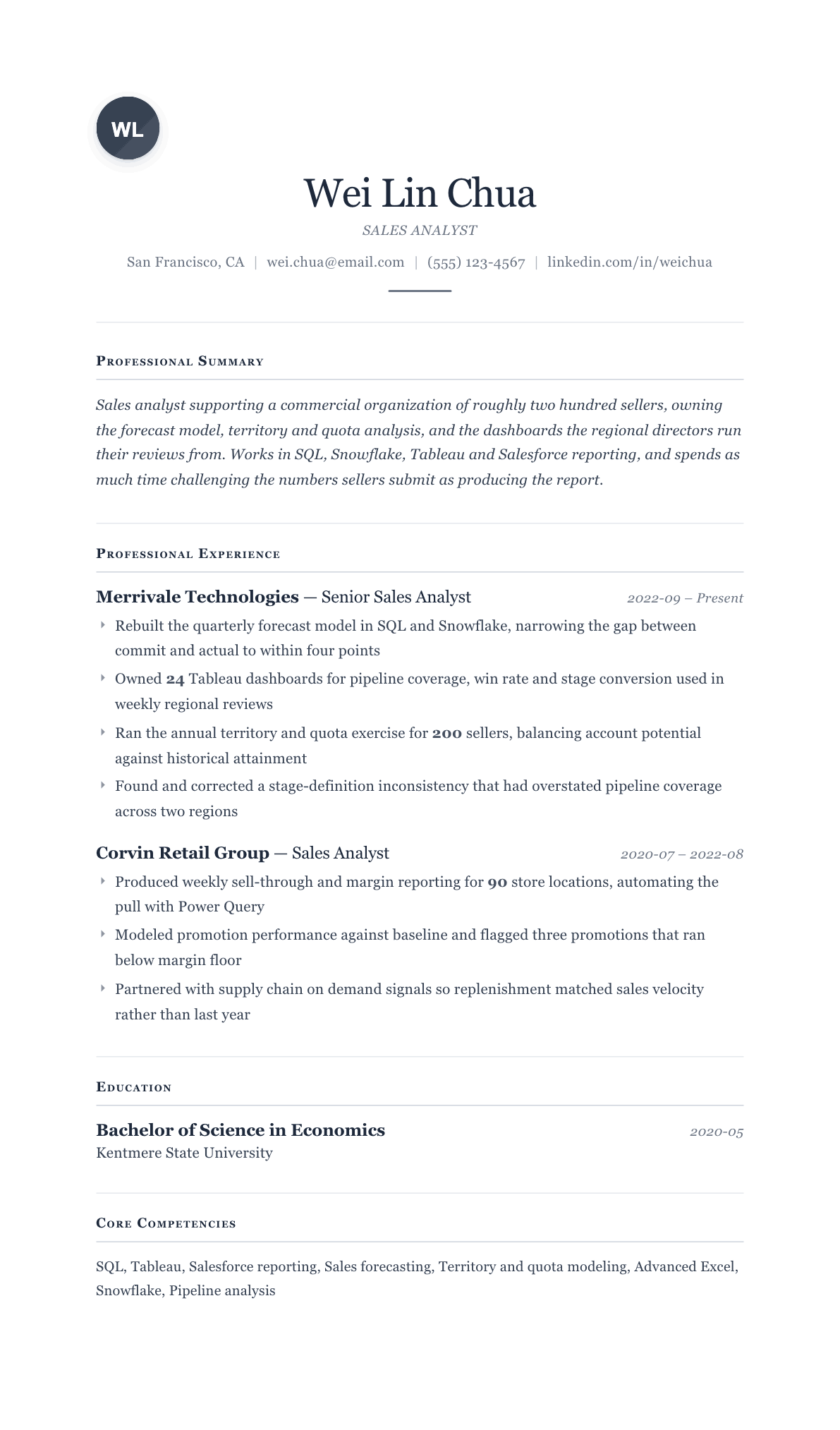Sales Analyst resume example, Cornerstone template