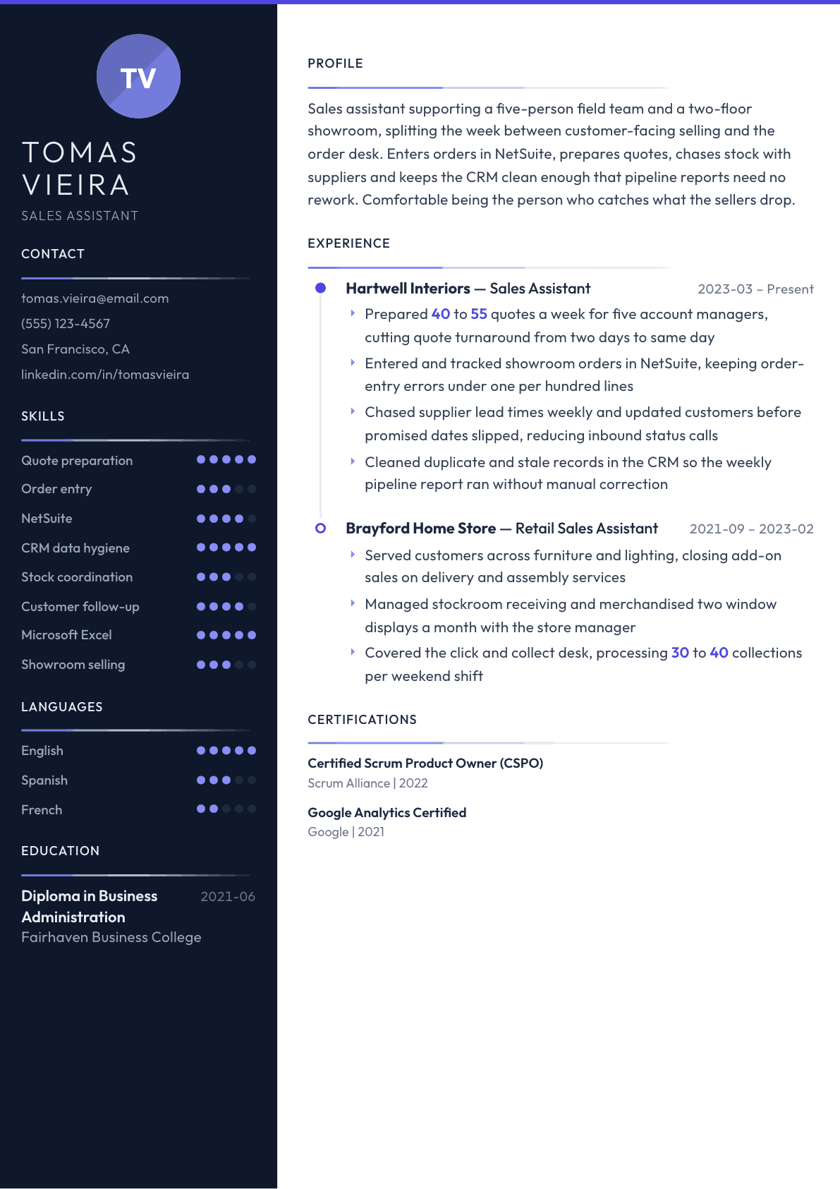 Sales Assistant resume example, Zenith template