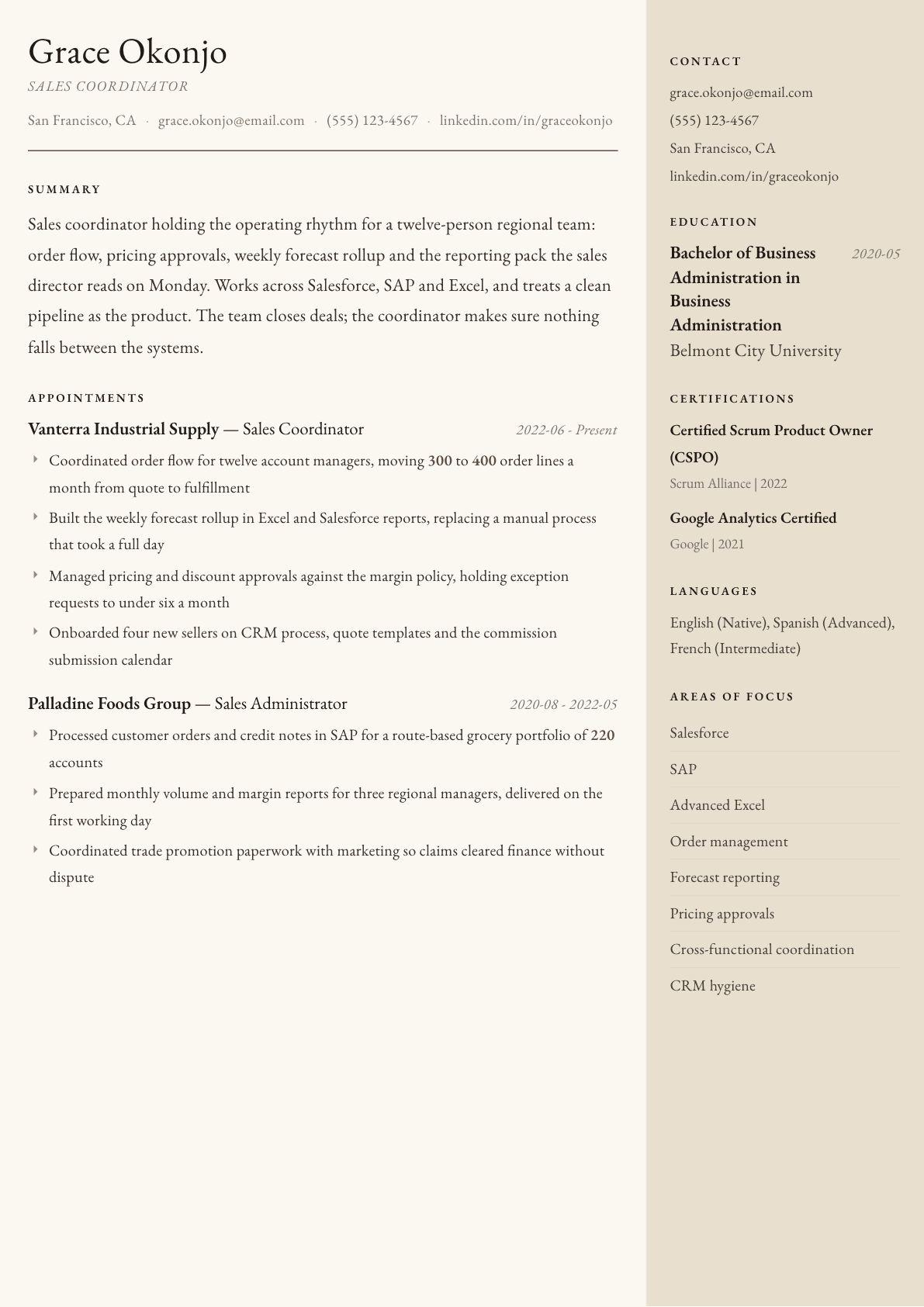 Sales Coordinator resume example, Manuscript template