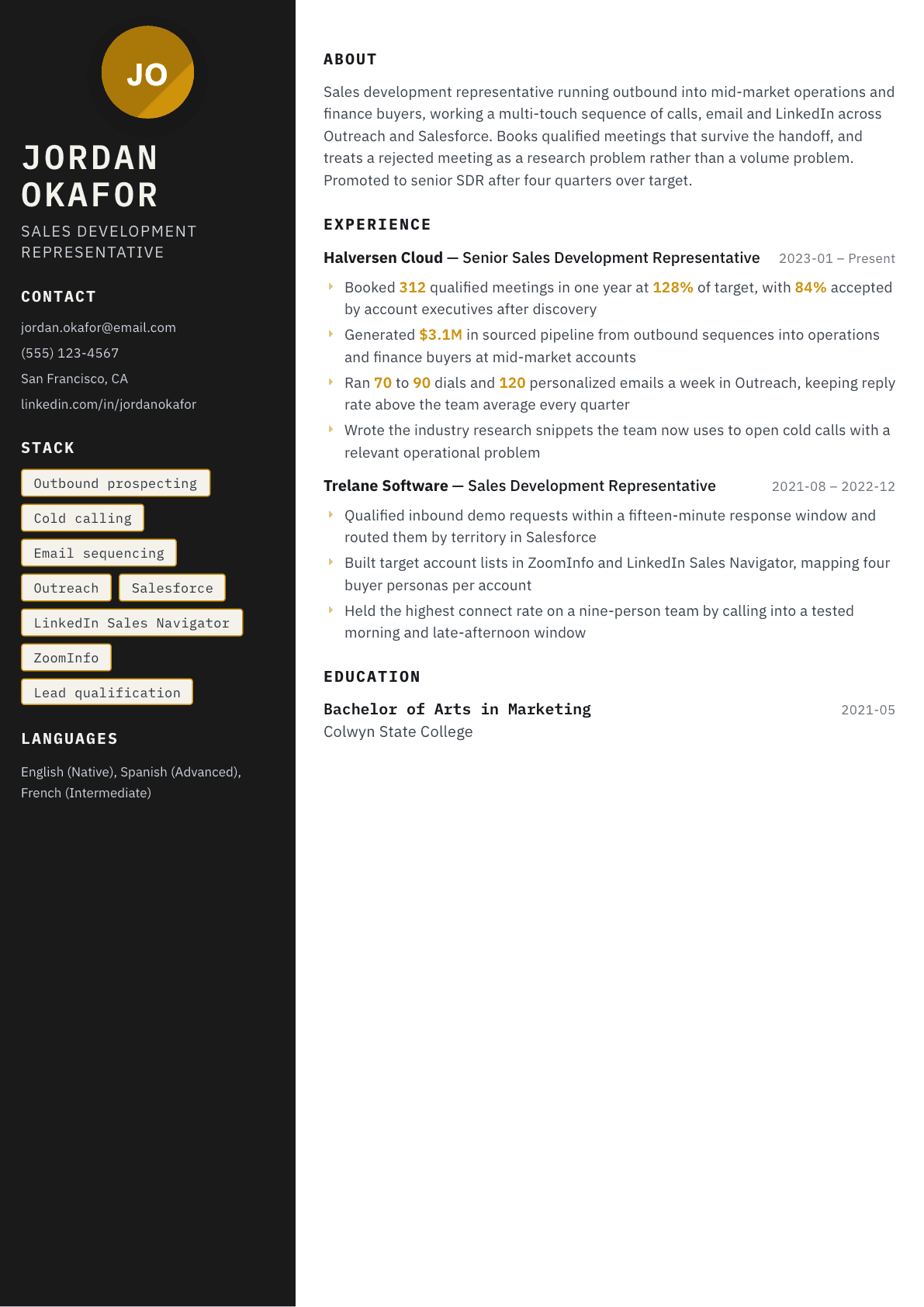 Sales Development Representative resume example, Neon template