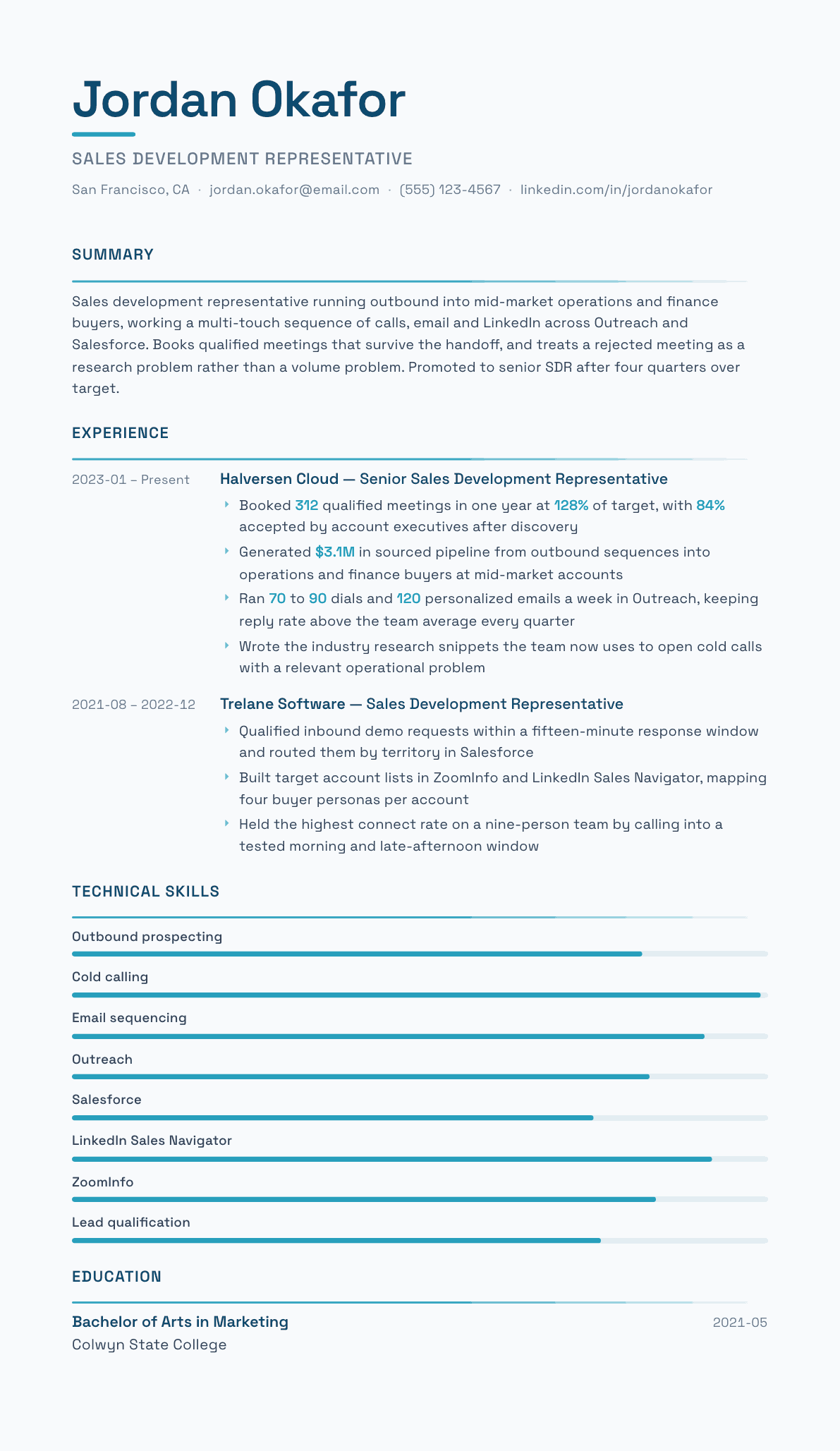 Sales Development Representative resume example, Velocity template