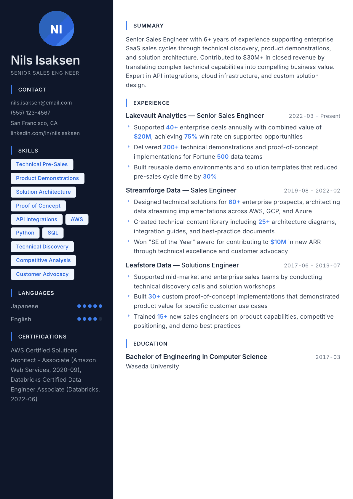 Sales Engineer resume example, Midnight Sapphire template