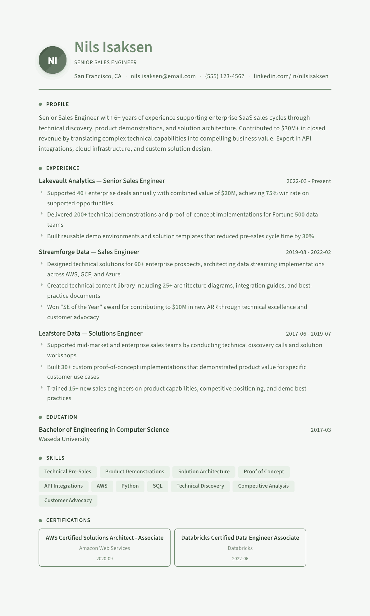 Sales Engineer resume example, Sage Garden template