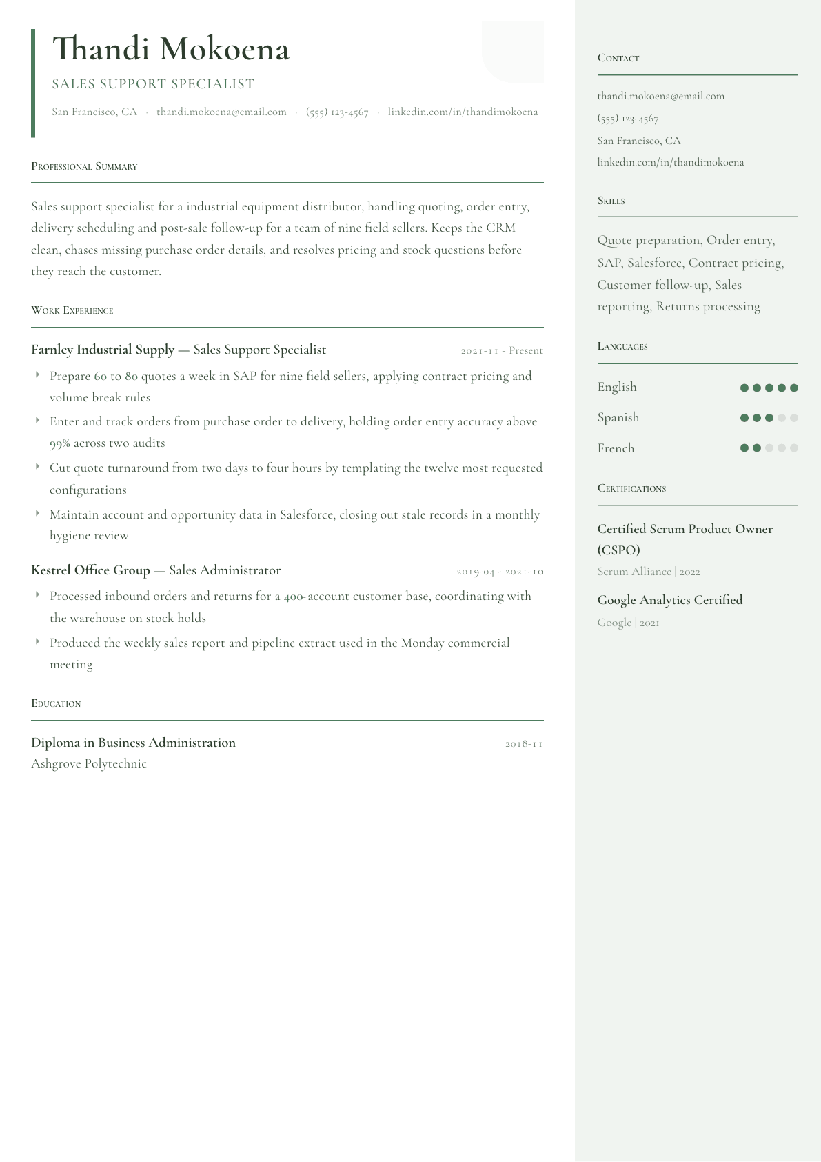Sales Support Specialist resume example, Copenhagen template