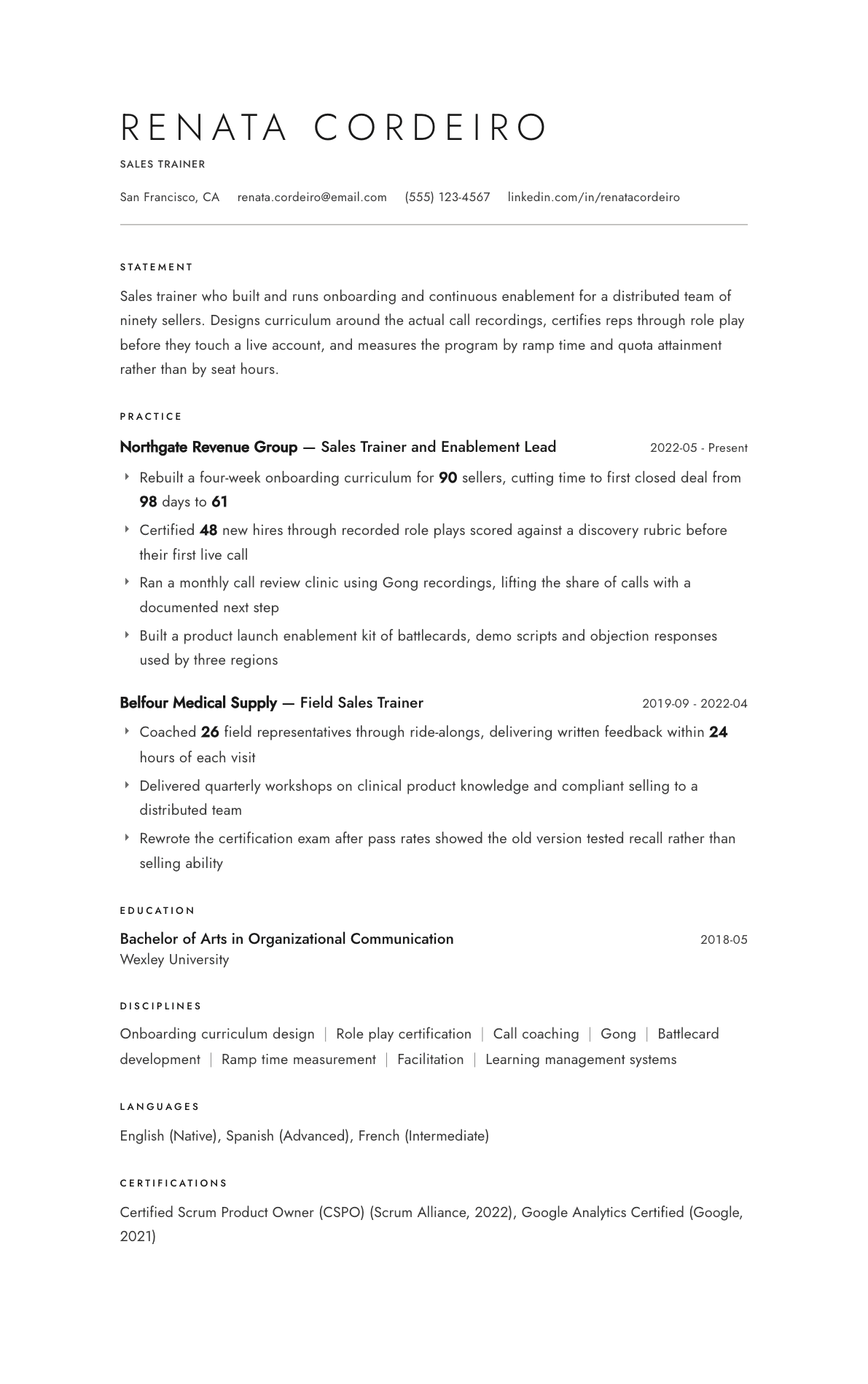 Sales Trainer resume example, Atelier template