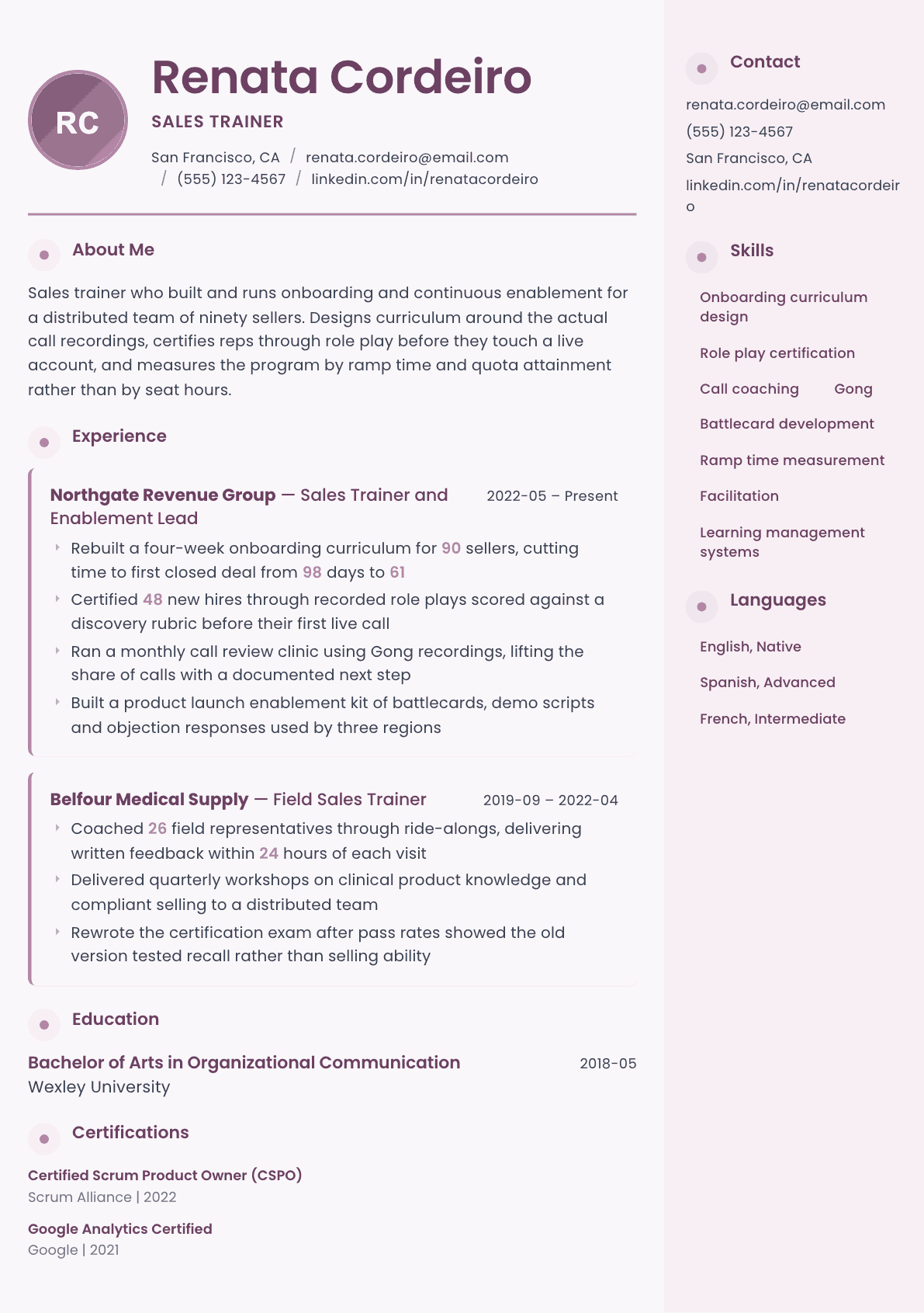 Sales Trainer resume example, Bloom template