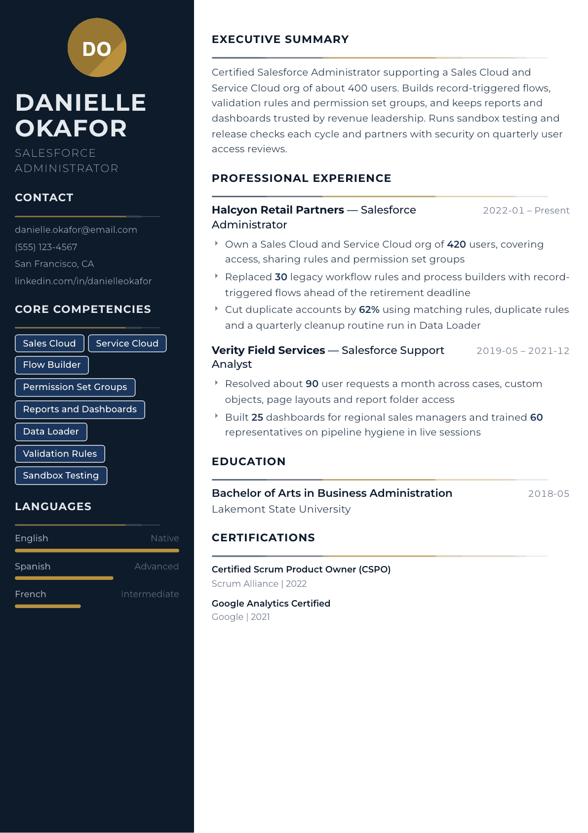Salesforce Administrator resume example, Catalyst template
