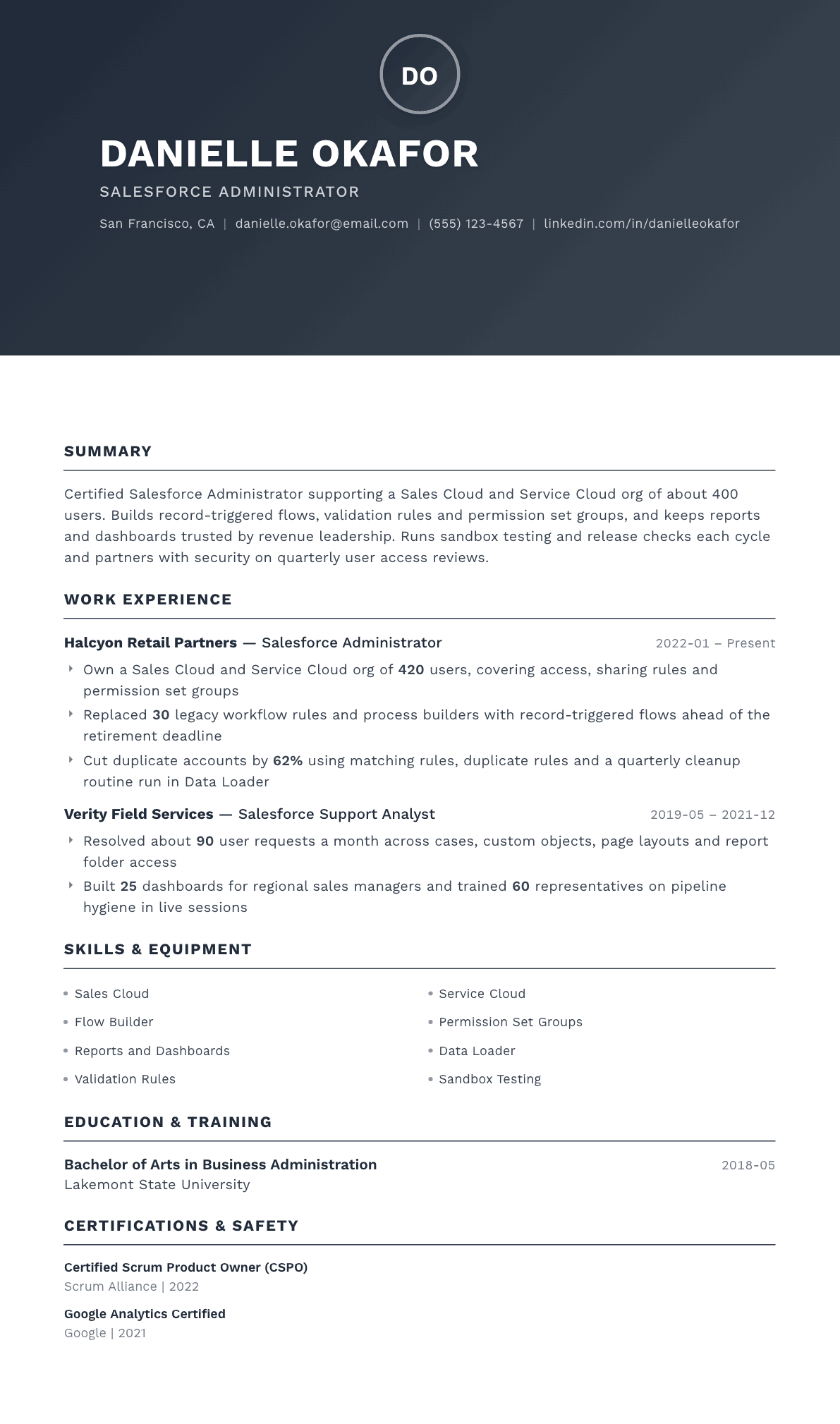 Salesforce Administrator resume example, Foundation template