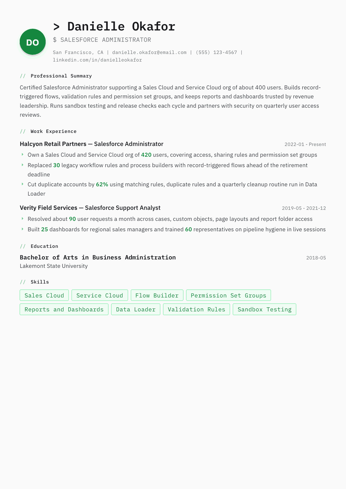 Salesforce Administrator resume example, Amsterdam template