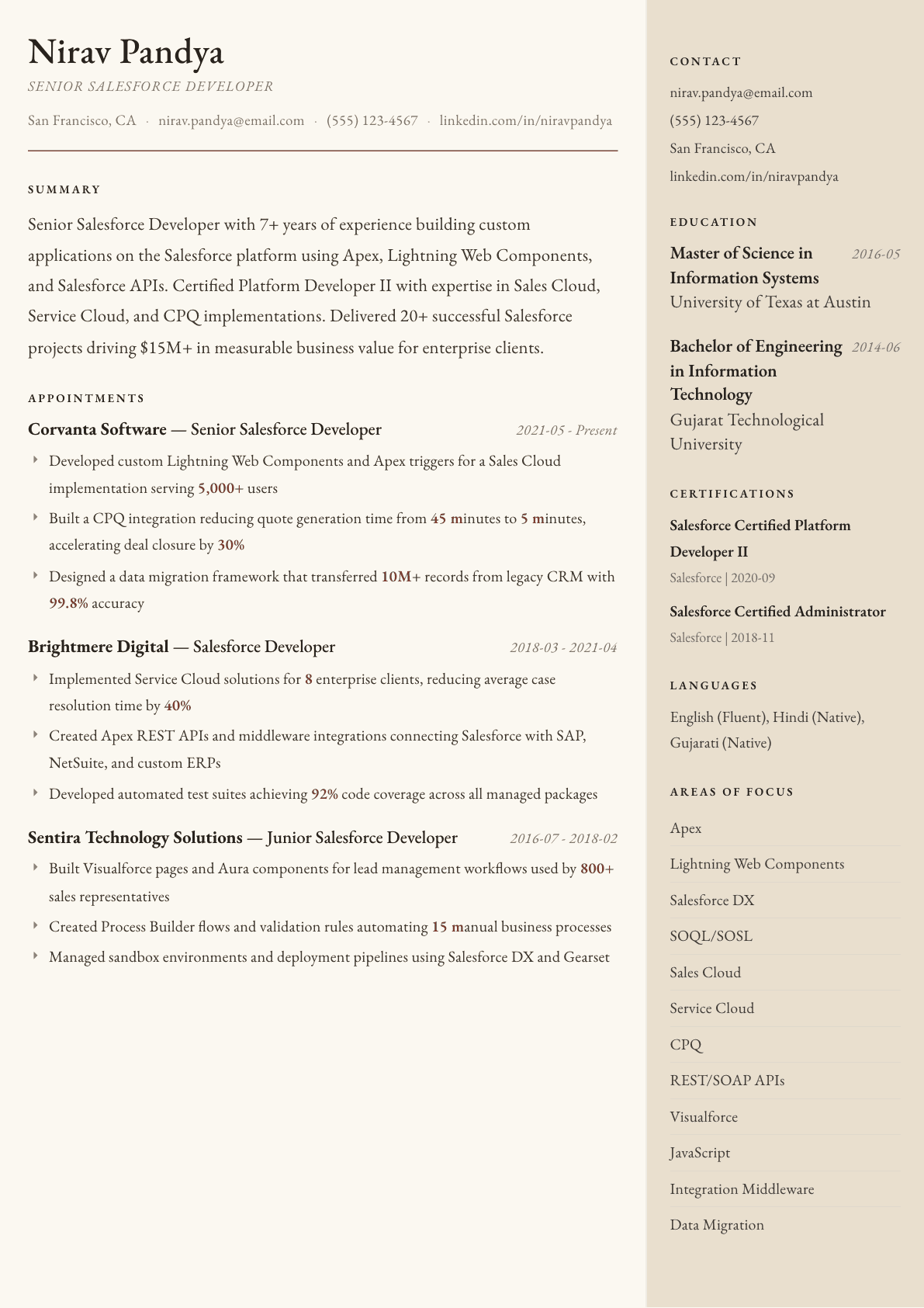 Salesforce Developer resume example, Manuscript template