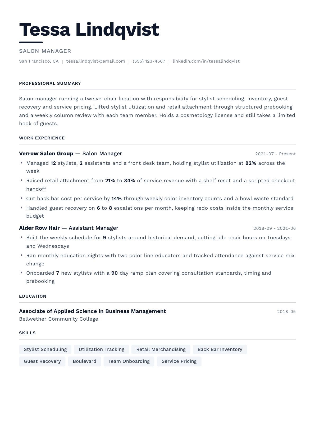 Salon Manager resume example, Berlin template
