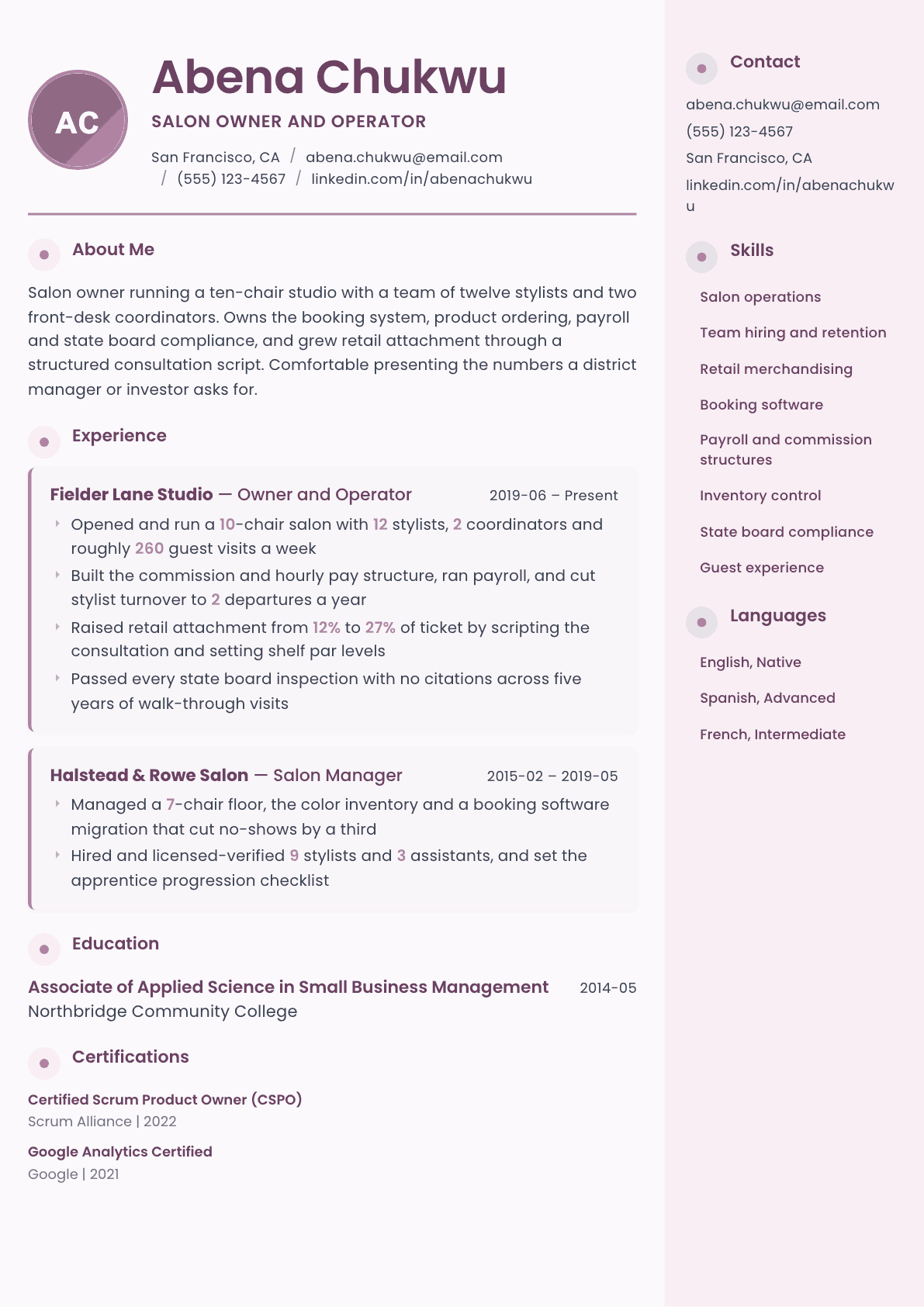 Salon Owner resume example, Bloom template