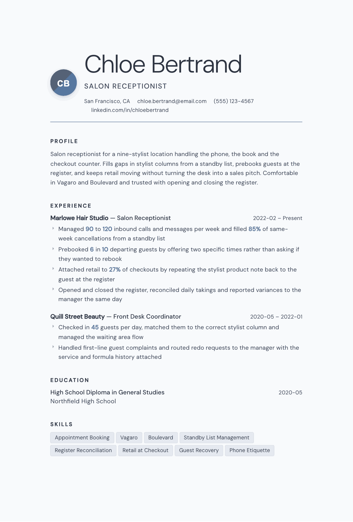 Salon Receptionist resume example, Nordic template
