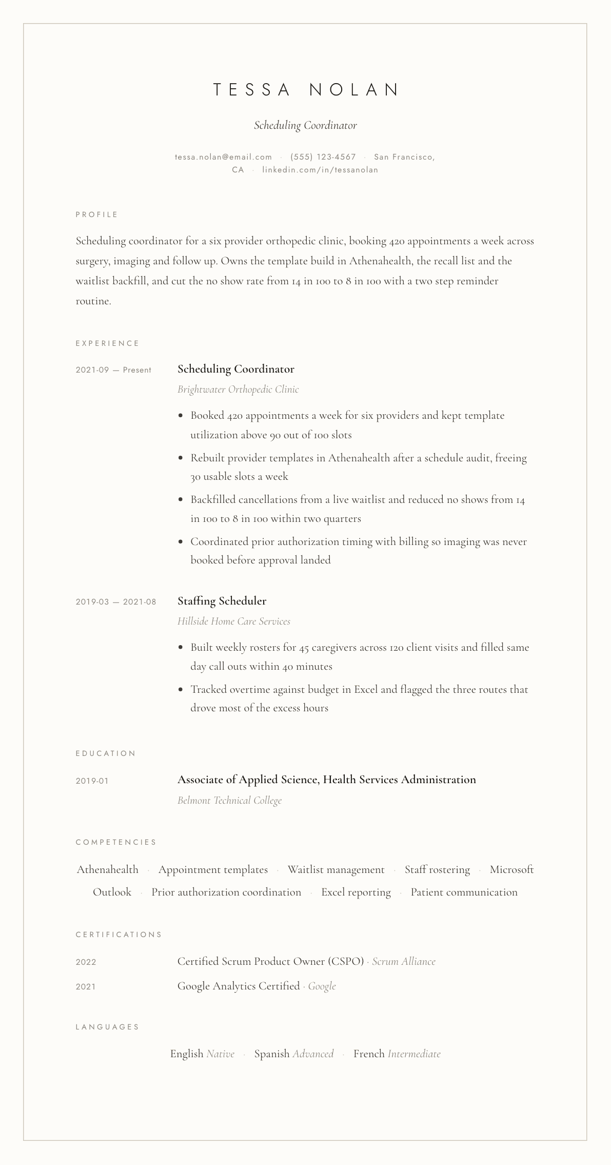Scheduling Coordinator resume example, Vellum template