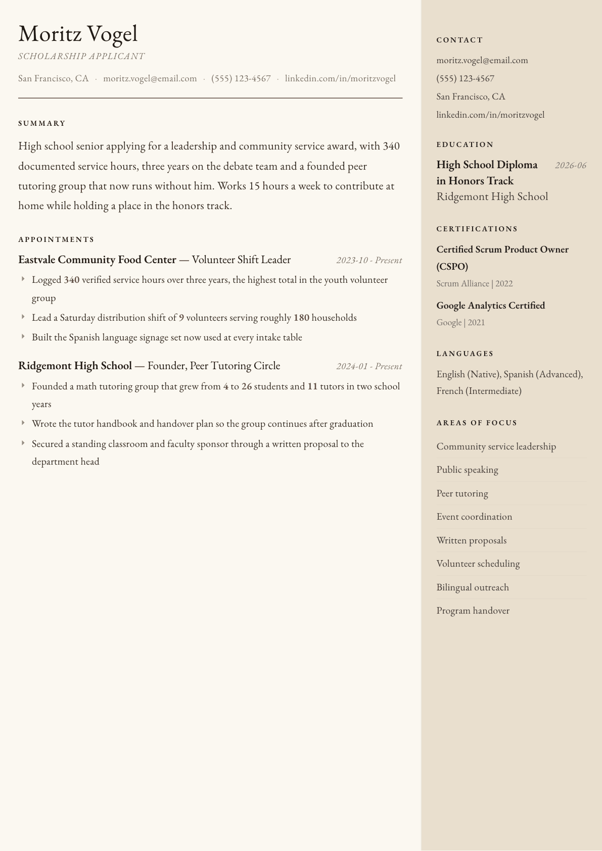 Scholarship Applicant resume example, Manuscript template