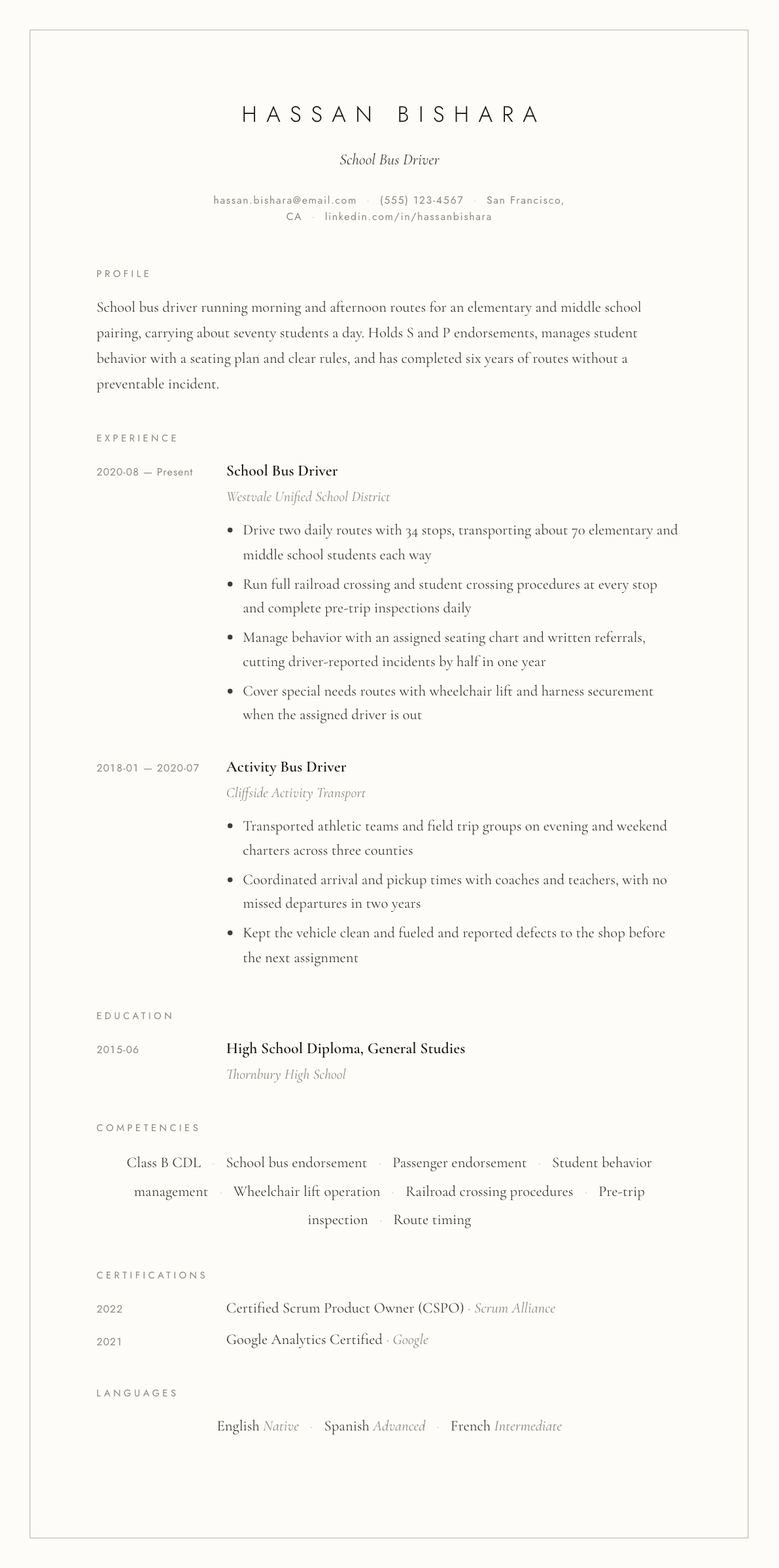 School Bus Driver resume example, Vellum template