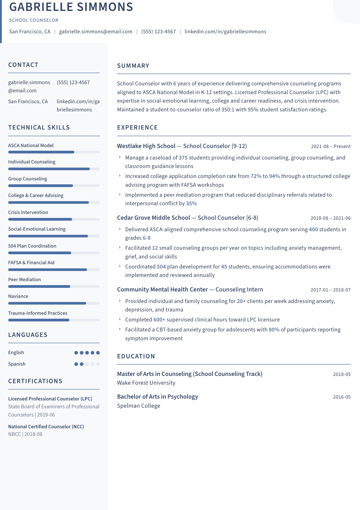 School Counselor resume example, Summit template