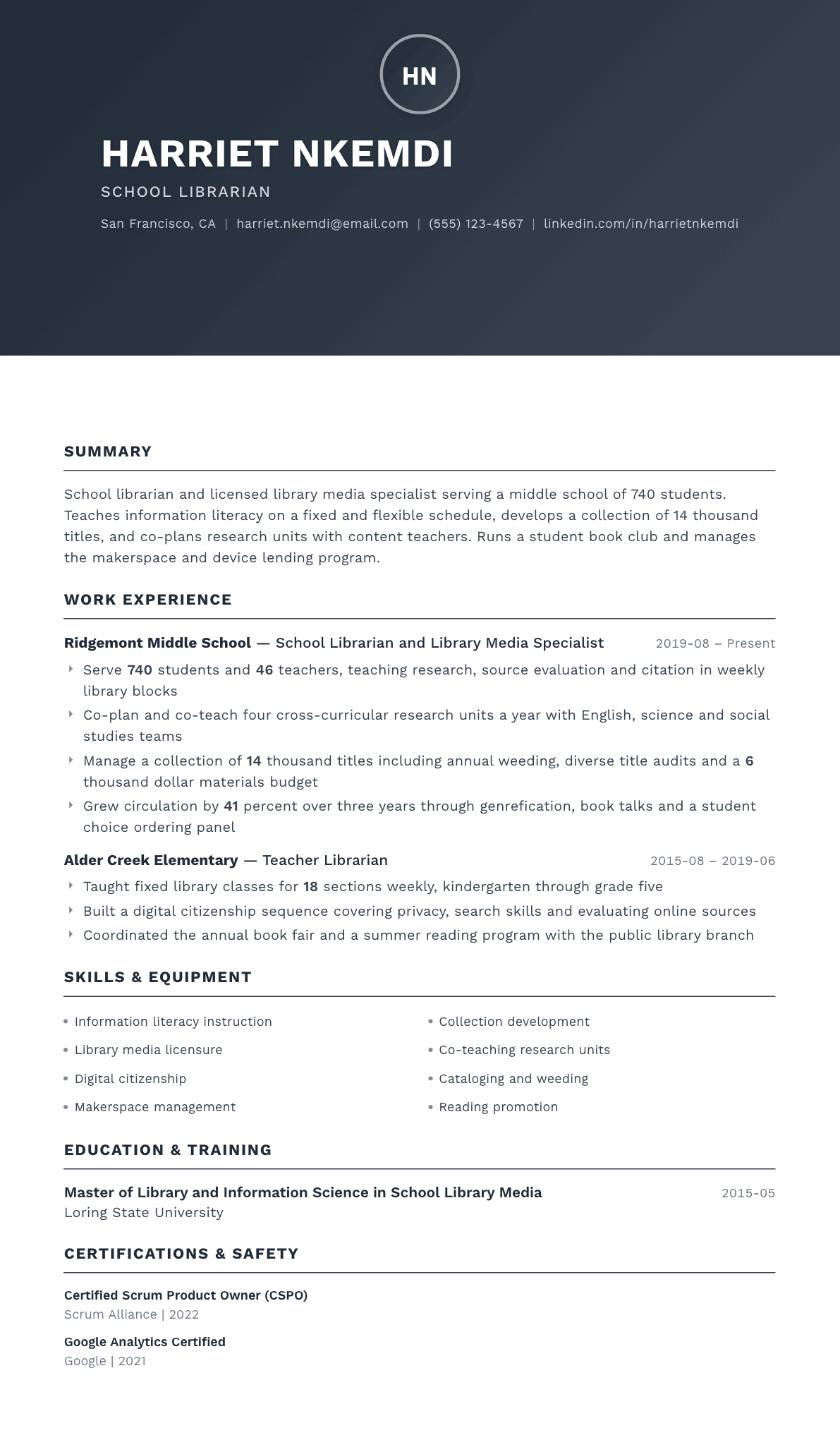 School Librarian resume example, Foundation template