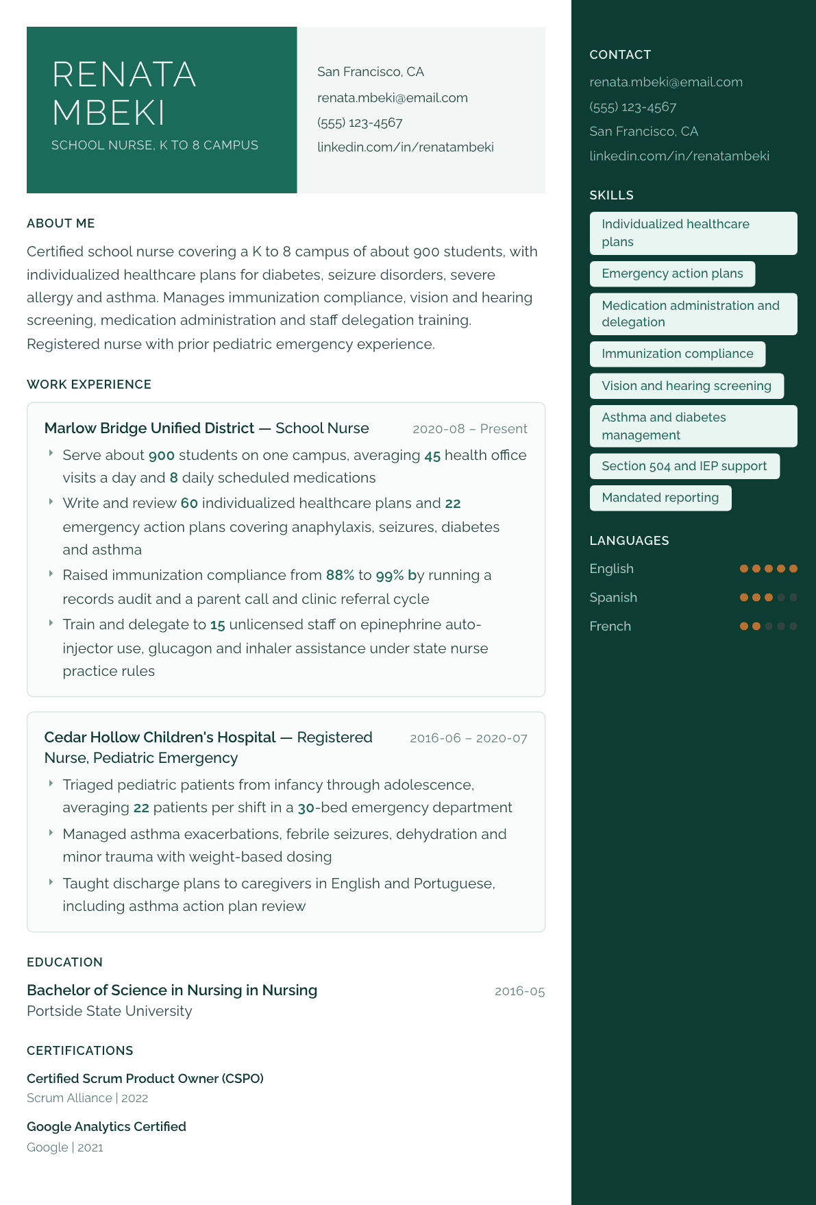 School Nurse resume example, Aurora template