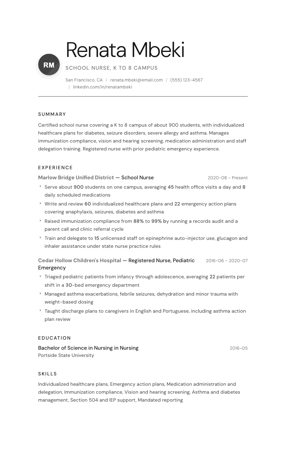 School Nurse resume example, Whisper template